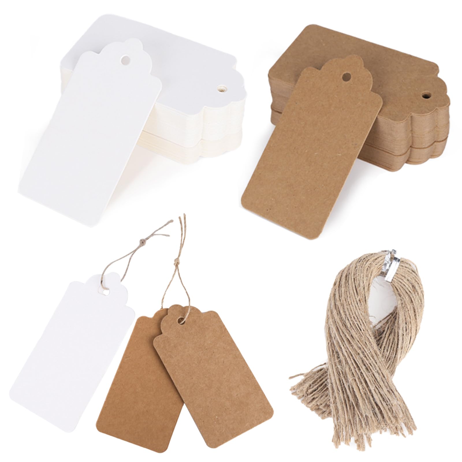 200pcs Kraft Paper Gift Tags with String - 2x4 Inch Brown & White Hang Tags for Clothing, DIY Crafts, Wedding Favors & Holiday Gifts - Perfect for Party Decorations, Handmade Presents & Retail Packaging