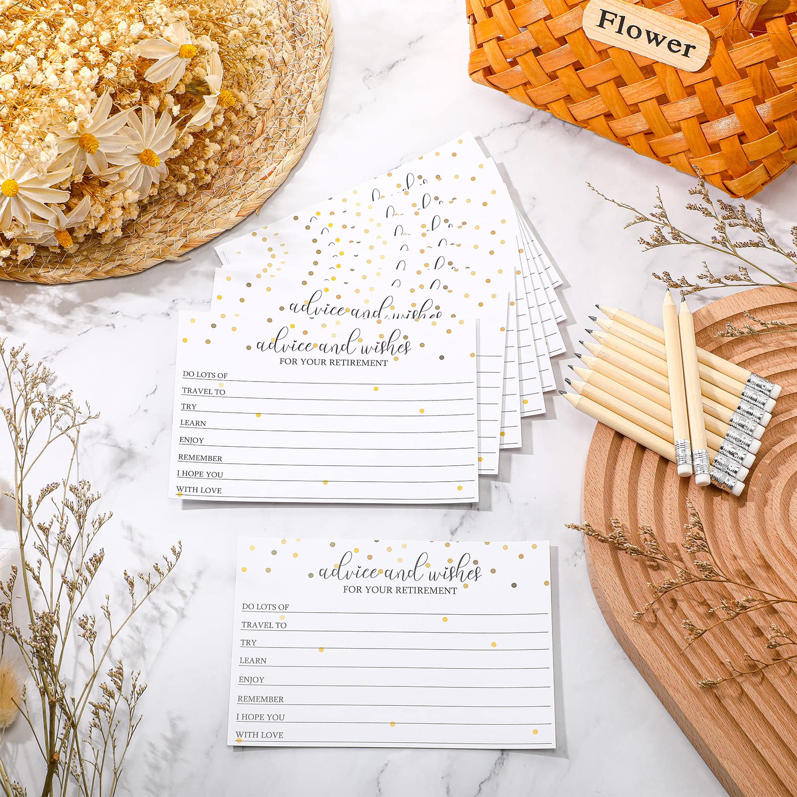 50-Piece Gold Retirement Party Advice & Wishes Cards Set with 10 Mini Pencils & Place Card - Perfect for Retirement Celebrations, Decorations & Guest Activities (Ideal for Office Farewells, Milestone Parties & Retirement Gifts)