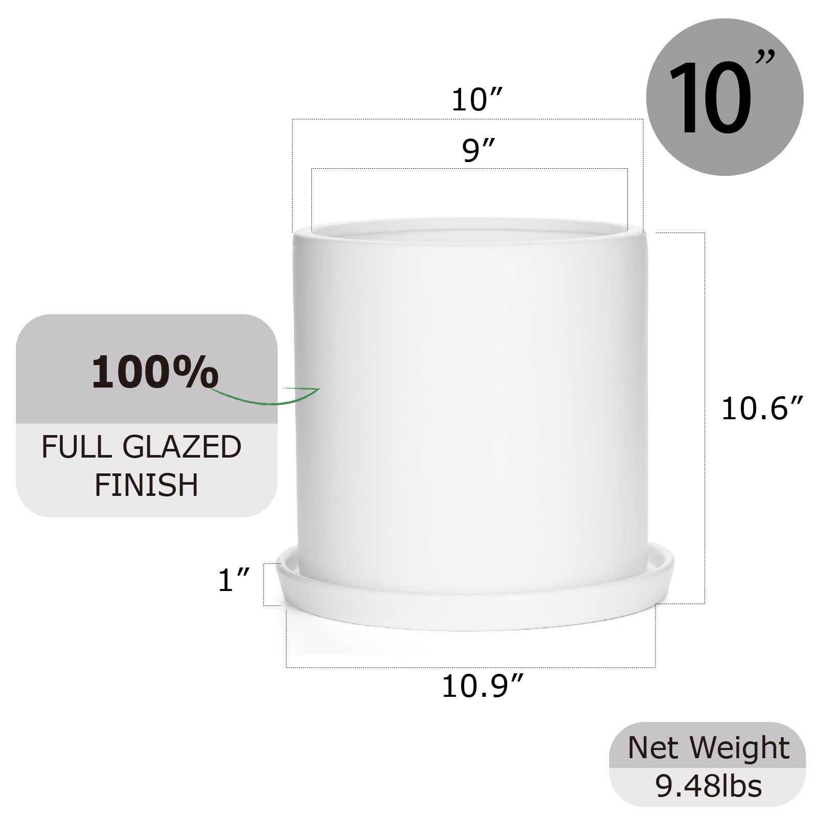 10 Inch Ceramic Plant Pots with Drainage Hole & Saucer - Matte White Modern Cylinder Planter for Indoor Outdoor Plants & Flowers - Full Glazed Finish - Perfect for Home Decor, Office, Garden & Patio