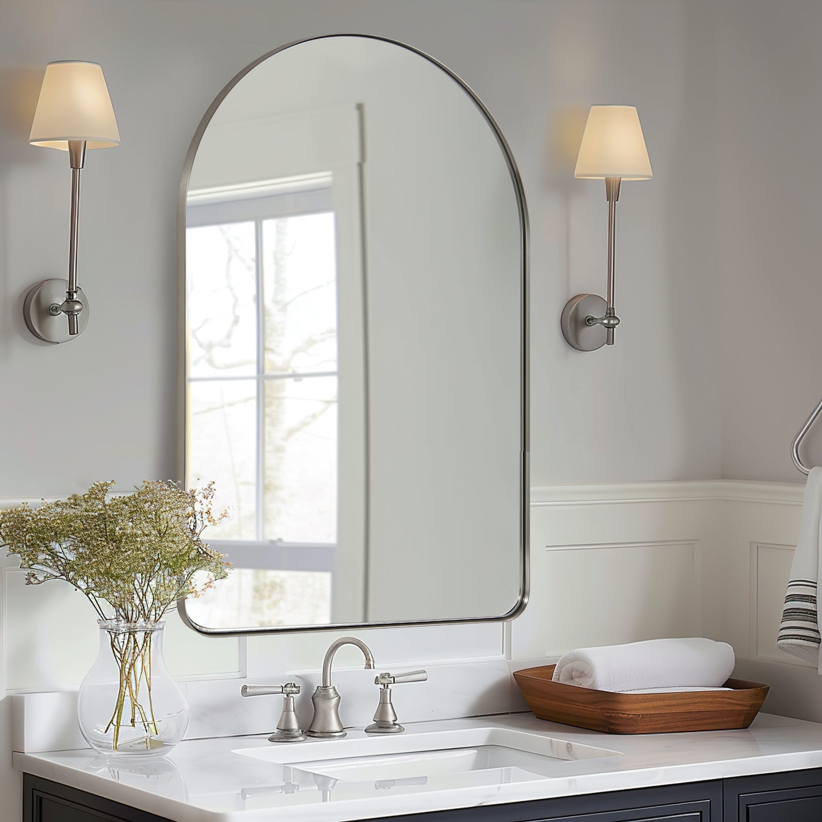Modern Arched Bathroom Vanity Mirror with Stainless Steel Frame - Elegant Wall Mirror for Bathroom Decor, Makeup, and Home Vanity Area