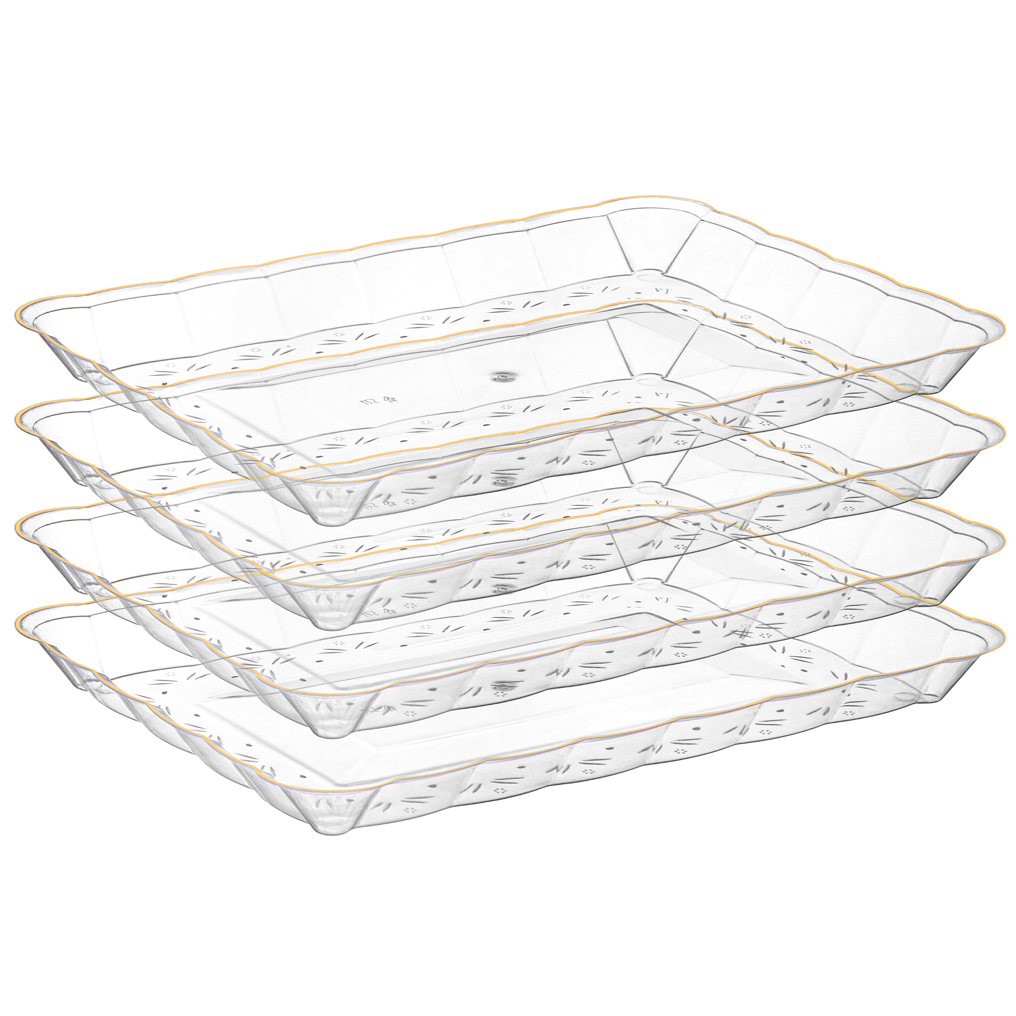 Scalloped Clear and Gold Rectangular Serving Tray Set of 4 - Elegant Party Platter for Appetizers, Desserts, and Entertaining - Perfect for Weddings, Brunches, and Holiday Gatherings