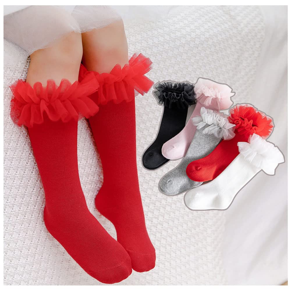 5 Pack Baby Girls High Knee Socks - Soft Tulle Frilly Stockings for Infants & Toddlers - Princess Ruffle Long Socks for Dress Up, Parties & Special Occasions