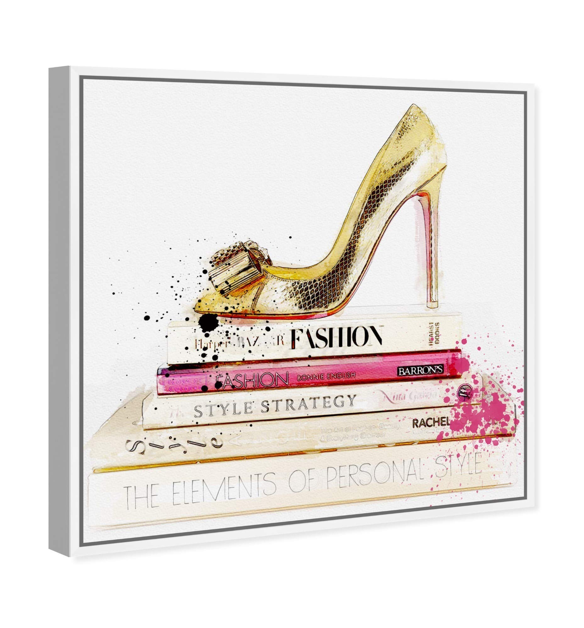 Gold Shoe and Fashion Books Framed Wall Art Canvas Print - 24