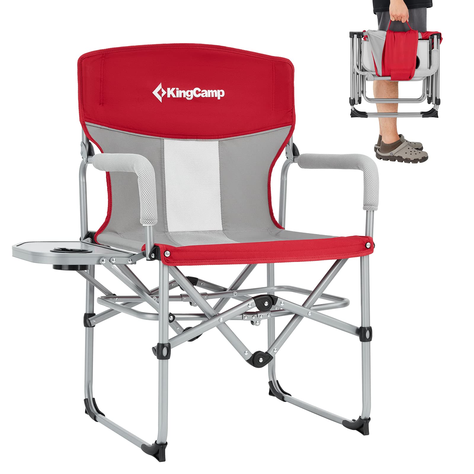 KingCamp Heavy Duty Folding Camping Chair for Adults with Side Table - 300lbs Weight Capacity - Portable Outdoor Directors Chair for Camping, Beach, Lawn, Picnic, Backyard, Fishing & Travel (Wine/Grey) - Perfect for Relaxing in Nature, Backyard BBQs, and Outdoor Adventures