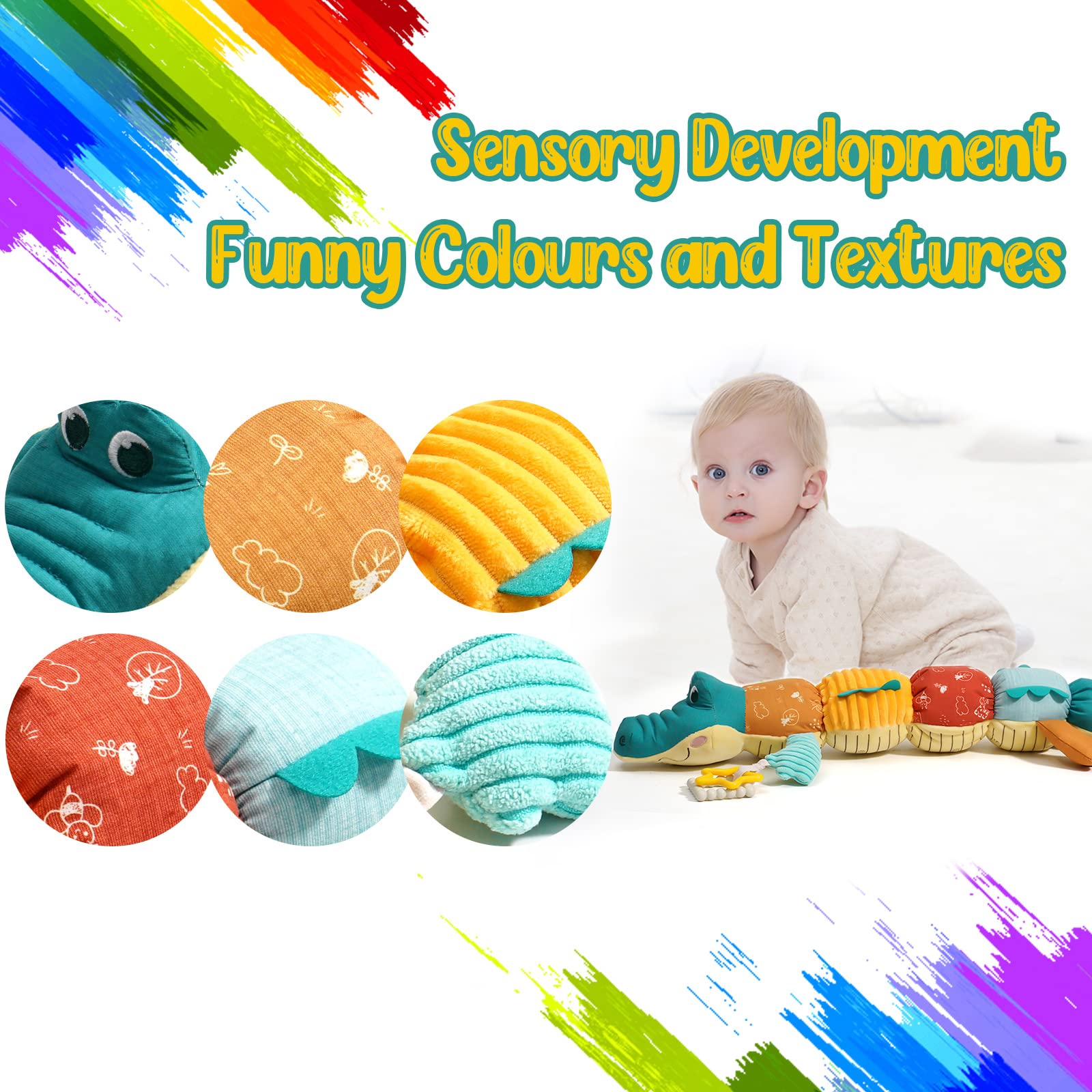 Best Tummy Time Toys for Babies 0-6 Months - Musical Stuffed Animal with Rattle, Multi-Textures & Ruler Design - Alligator & Crocodile Infant Toys for 0-12 Months - Perfect for Sensory Play, Early Development & Newborn Bonding
