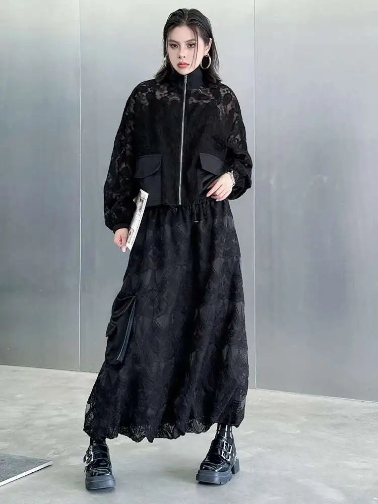 Elegant Black Lace Jacket & Pocket Skirt Two-Piece Set with Stand Collar & Long Sleeves - Women's Fashion Outfit for Spring & Fall 2025 (Style 1DJ0248) | Perfect for Office Wear, Date Nights & Special Occasions