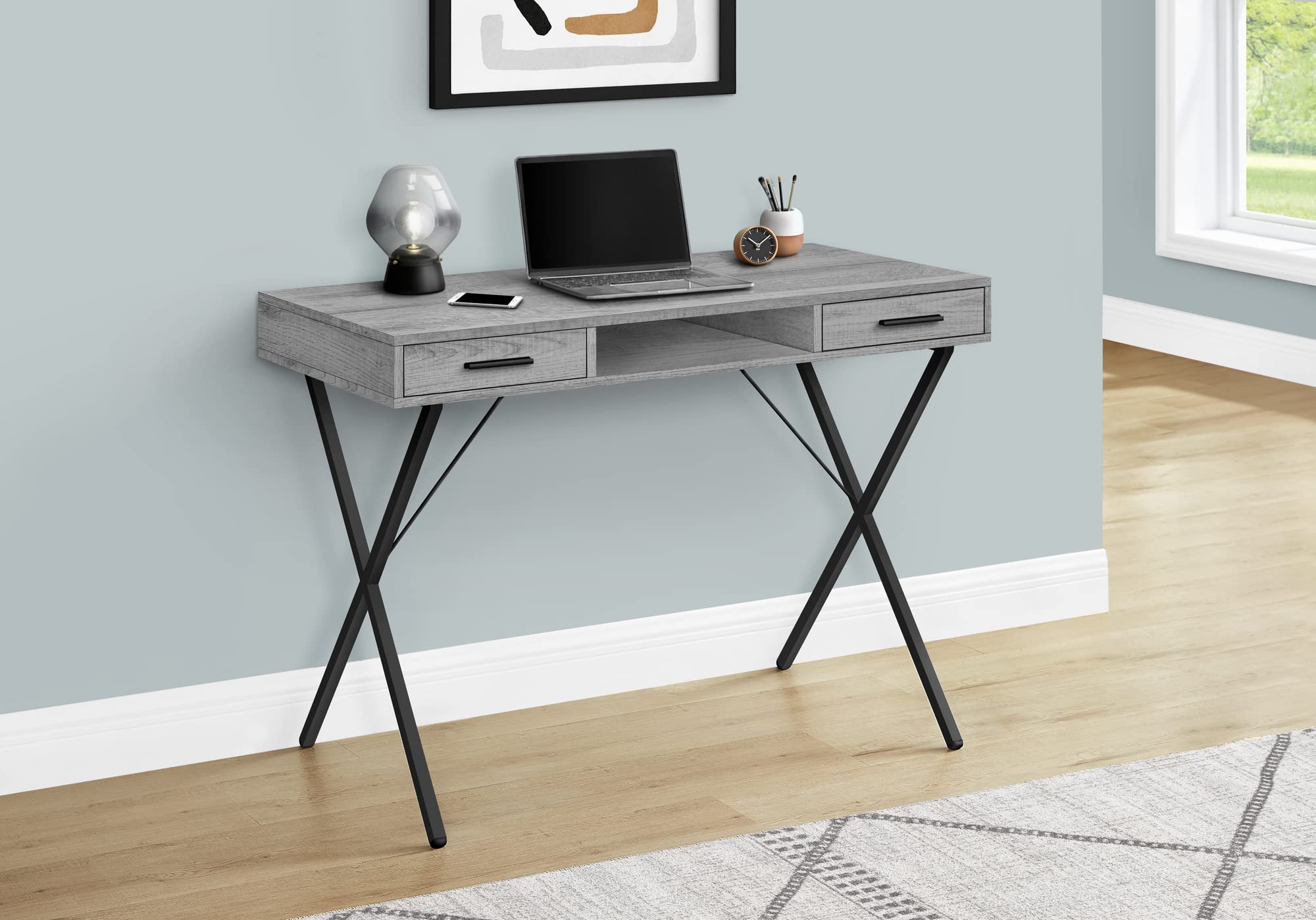 Monarch Specialties 7792 42-inch Computer Desk with Storage Drawers - Modern Home Office Desk for Laptop & Work, Left/Right Setup, Metal Frame & Laminate Surface in Grey/Black - Perfect for Small Spaces & Remote Work