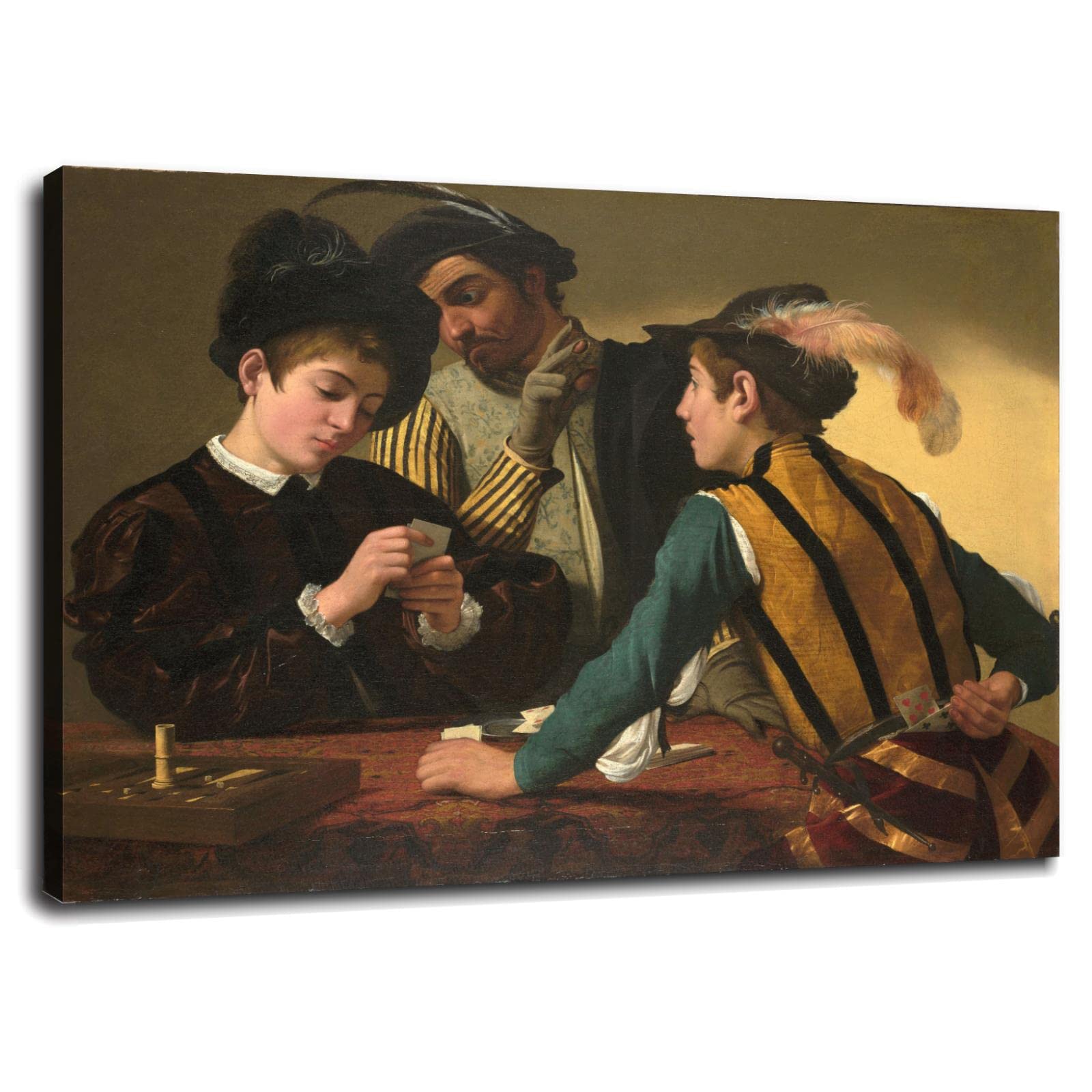 Caravaggio Cardsharps Oil Painting Canvas Print - 32x24 Inch Framed Wall Art for Home & Office Decor | Renaissance Artwork for Living Room, Bedroom, or Study
