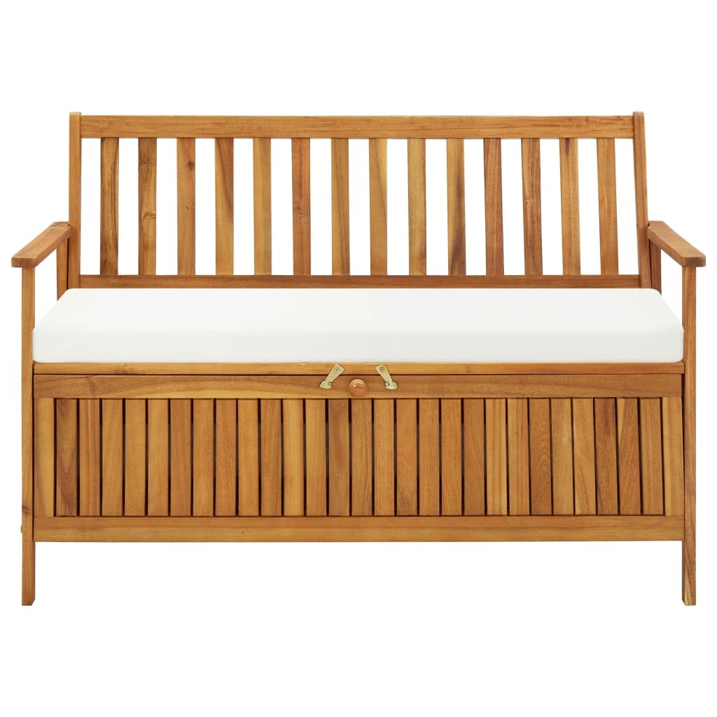 vidaXL Solid Acacia Wood Outdoor Storage Bench with Backrest, Armrests & Cushion - 47.2