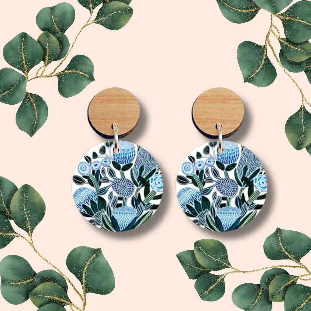 Blue Banksias Wooden Earrings for Women – Handmade Boho Dangle Earrings – Lightweight Wooden Jewelry for Everyday Wear, Parties & Special Occasions