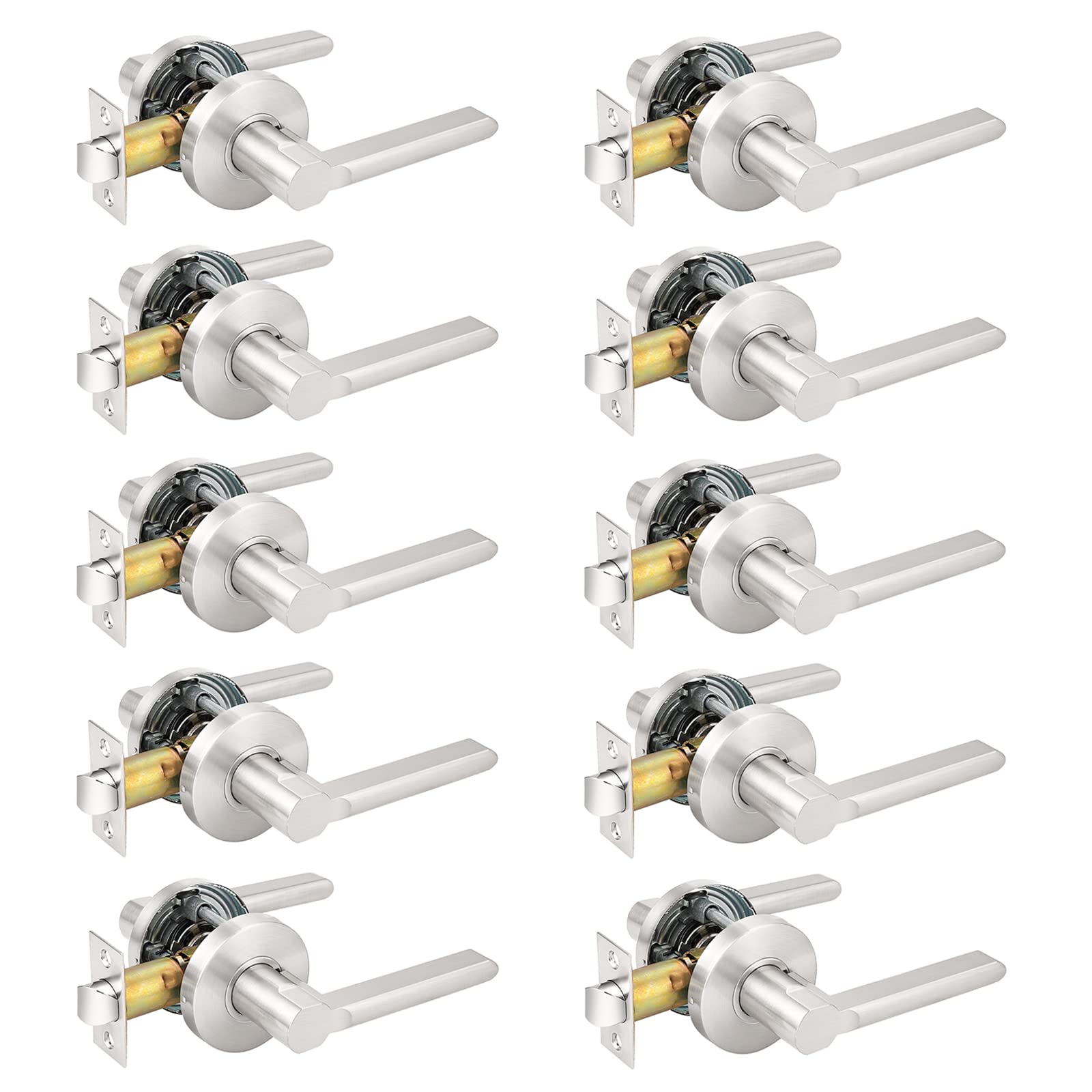 Probrico Satin Nickel Hall/Closet Lever Set - 10 Pack Interior Passage Non-Locking Door Handles for Bedrooms, Bathrooms & Closets | Durable Contractor Grade Hardware