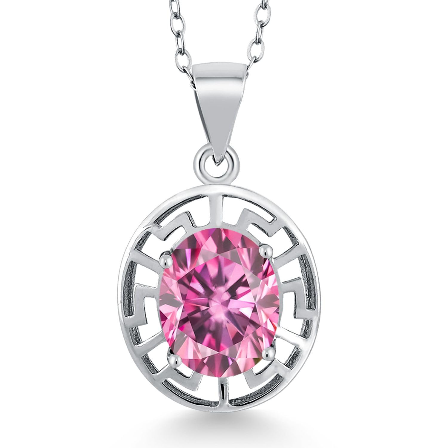 Gem Stone King 925 Sterling Silver 10X8MM Oval Birthstone Necklace for Women | Greek Key Pendant with 18 Inch Silver Chain | Elegant Jewelry Gift for Birthday, Anniversary & Special Occasions