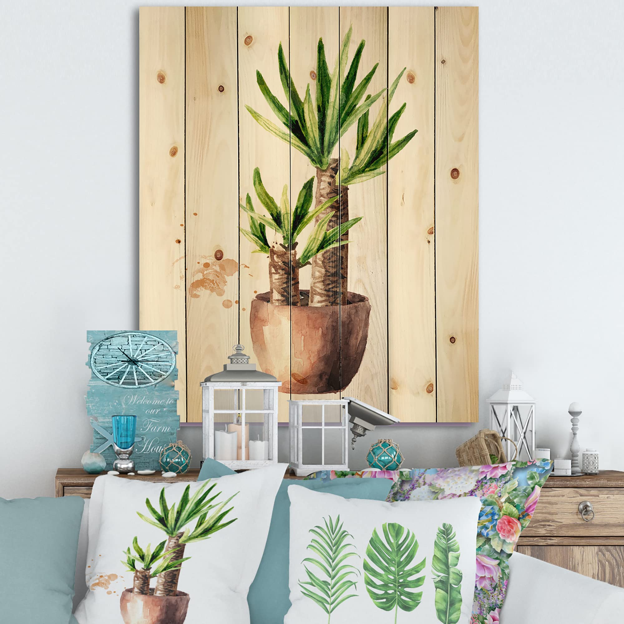 DesignQ Yucca Tree in Ceramic Pot - Traditional Wood Wall Decor, Large Floral Pine Wood Wall Art Panels - Home & Office Decoration, Living Room, Bedroom, Dining Room Wall Hanging