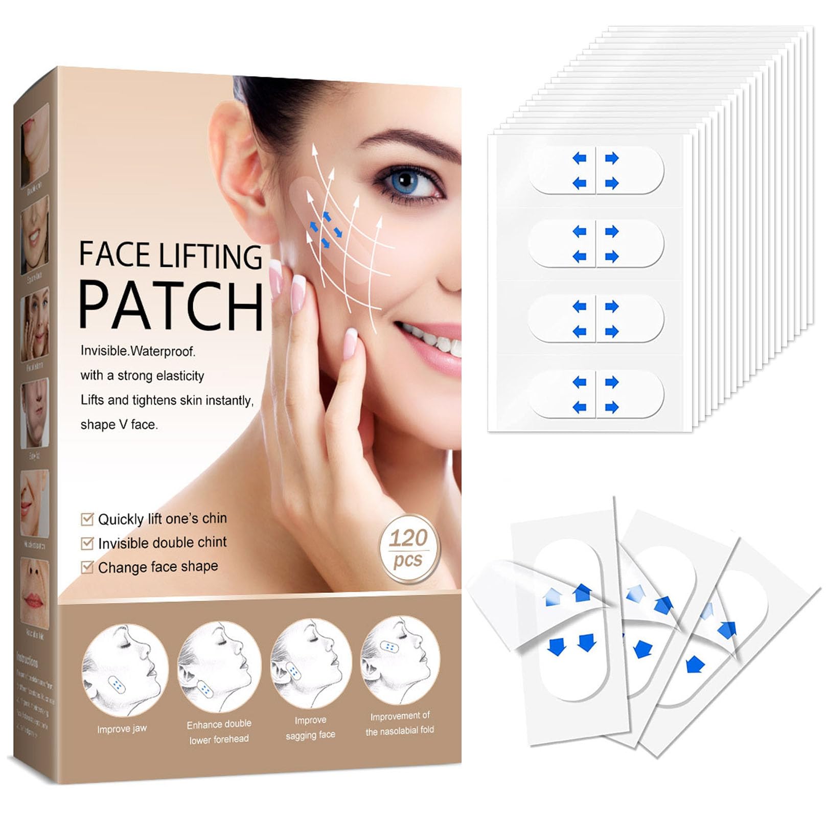 120PCS Face Lift Tape - Invisible Neck & Chin Tape for Wrinkles, Sagging Skin & Double Chin Reduction - Instant Firming & Lifting - Perfect for Overnight Use, Special Events & Daily Beauty Routine