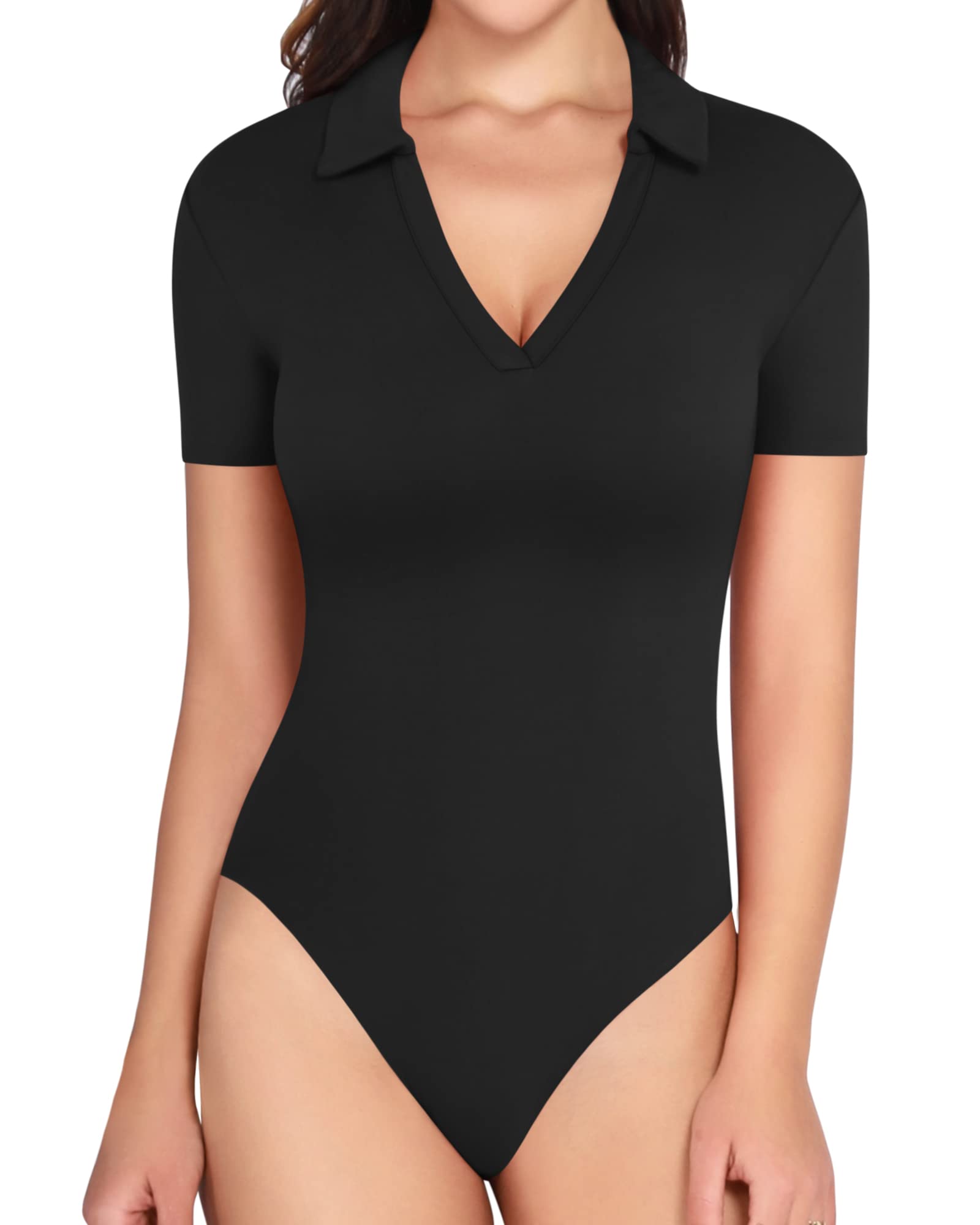 MANGOPOP Women's Long Sleeve V-Neck Collared Bodysuit - Stretchy Work Tops & Going Out Shirts for Office, Date Night & Casual Wear