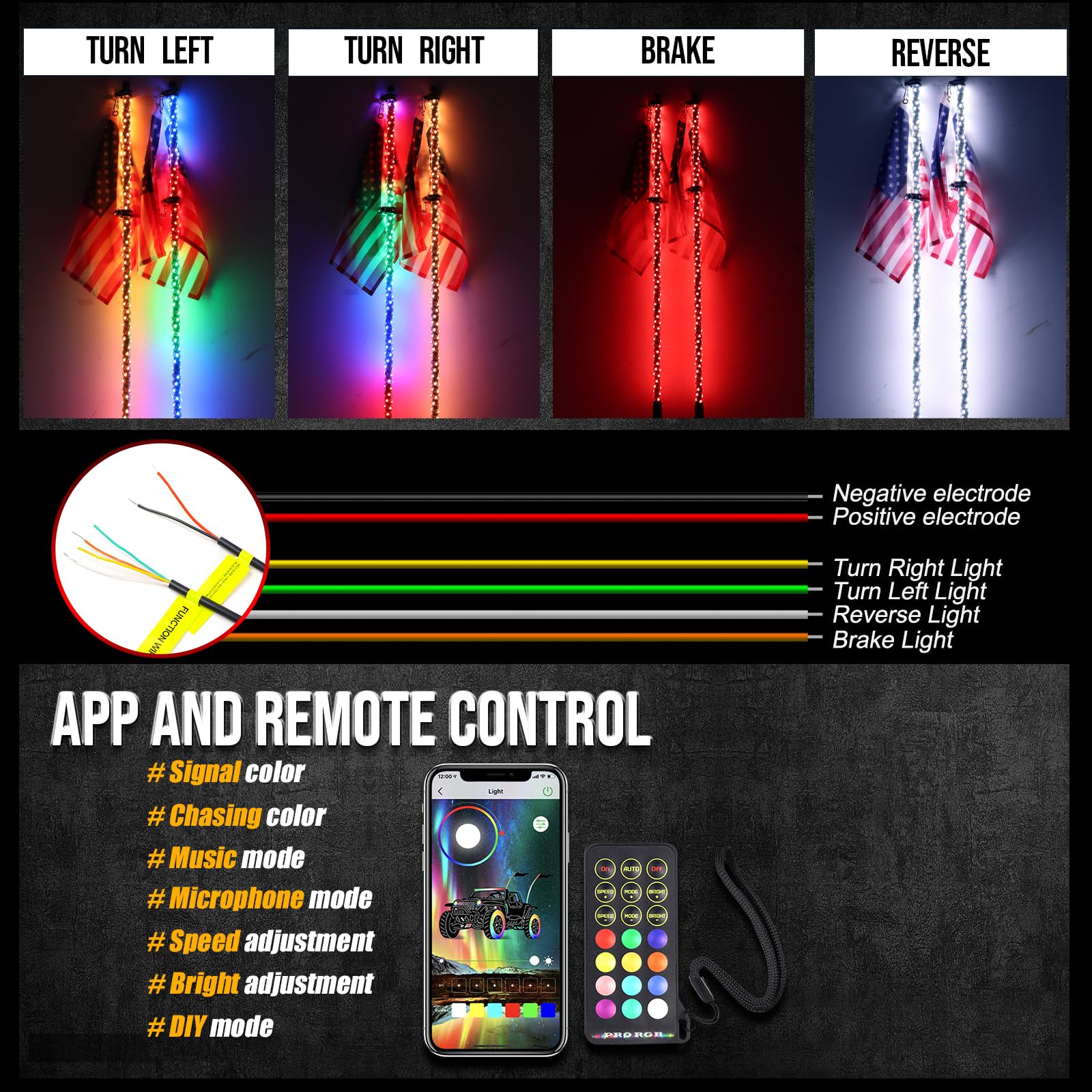2PCS 3FT LED Whip Lights with Chasing Colors & App Control for UTV ATV - Spring Base, Remote & Rocker Switch - Ultimate Off-Road Lights for Can-Am Polaris RZR Dune Buggies - Perfect for Night Rides, Desert Racing & Off-Road Adventures