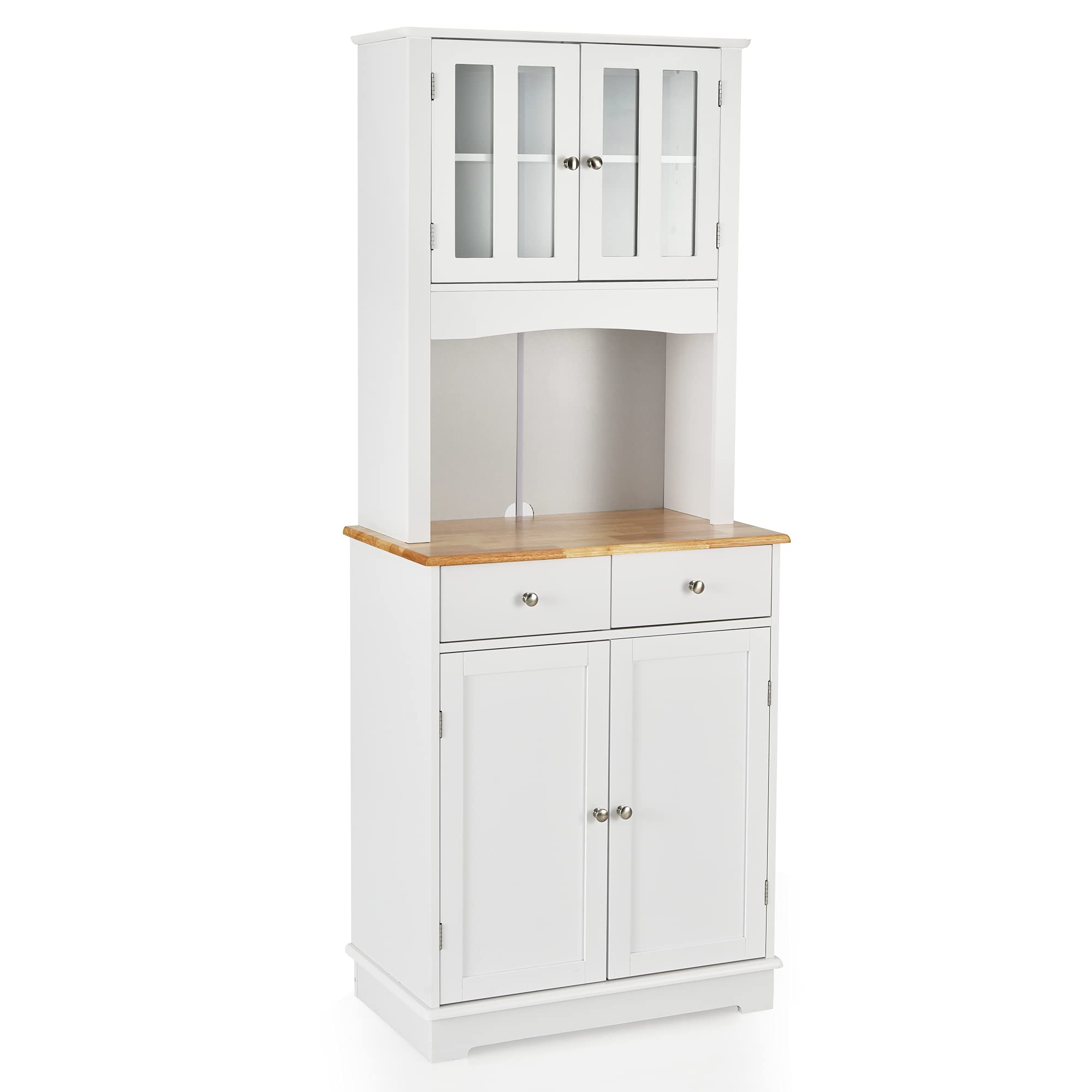 LOKO White Kitchen Hutch Cabinet with Framed Tempered Glass Doors - 27 x 16 x 67 Inches Kitchen Pantry Storage with Adjustable Shelves, Flat Countertop & 2 Drawers - Perfect for Small Kitchens, Dining Rooms & Apartment Storage Solutions