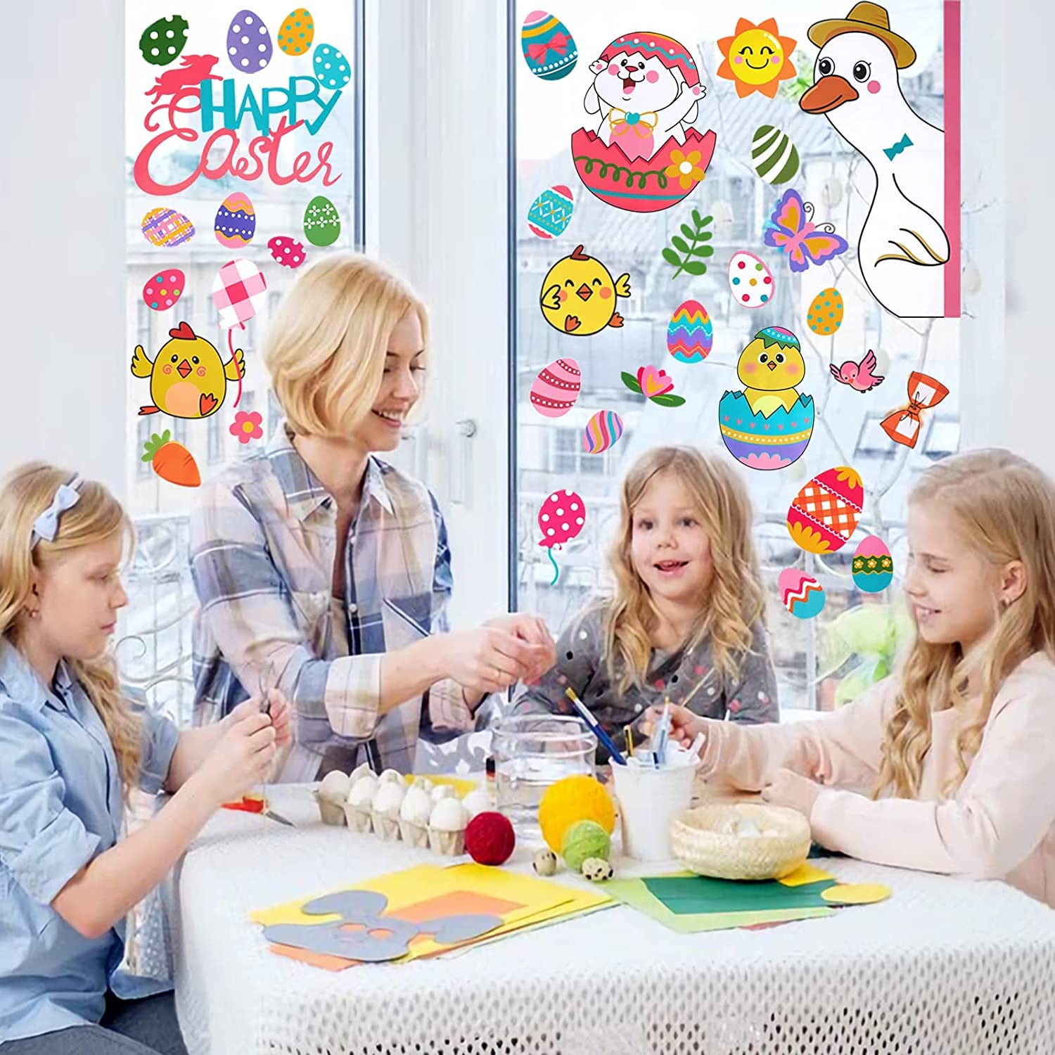 121Pcs Easter Window Clings Decorations - Bunny, Radish & Egg Holiday Decals for Glass Windows - 2025 Easter Party Supplies for Home, Office & Classroom Decor