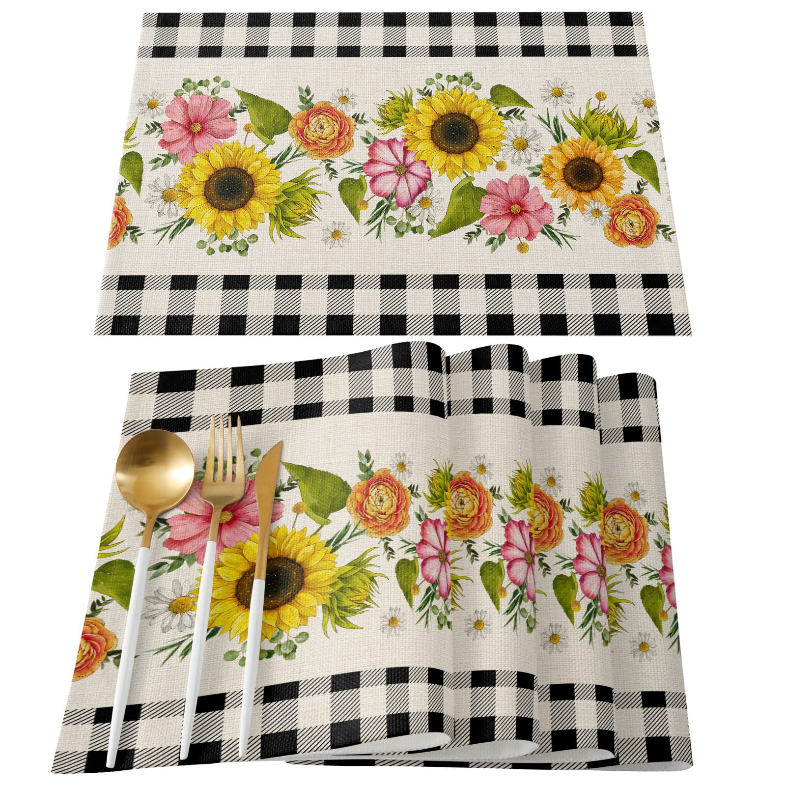 13x19 Inch Sunflower Buffalo Check Plaid Placemats - Heat Resistant & Washable Dining Table Mats (Set of 4) - Perfect for Summer Kitchen Decor, Picnics, and Farmhouse Style Dining