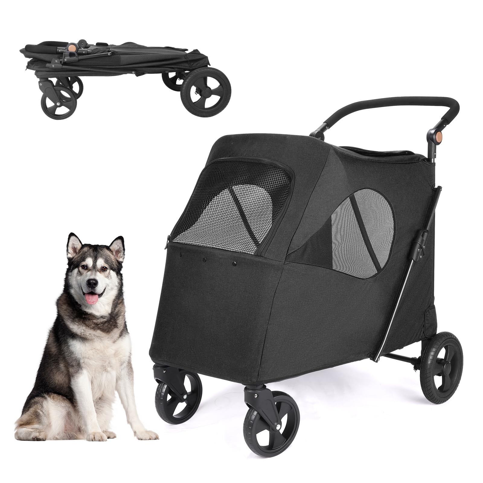 Foldable Dog Stroller for Medium & Large Dogs - 4-Wheel Pet Jogger Carrier with Adjustable Handle & Zipper Entry, Supports Up to 160 lbs (Black) - Perfect for Travel, Jogging, and Outdoor Adventures with Your Pet