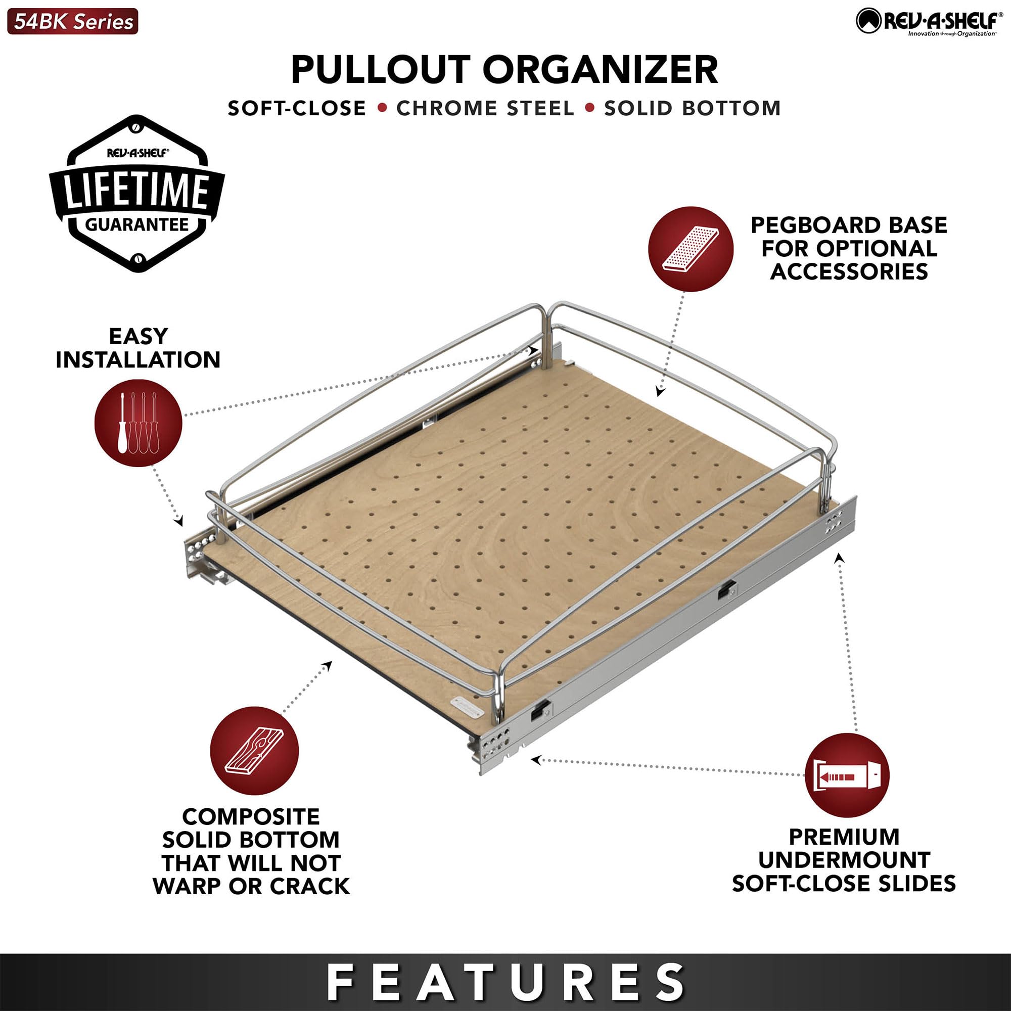 Rev-A-Shelf Pull Out Kitchen Cabinet Organizer - Solid Bottom Undermount Drawer with Soft-Close Full Extension Slides (54BK-12SC-1) - Perfect for Pantry Storage & Kitchen Organization