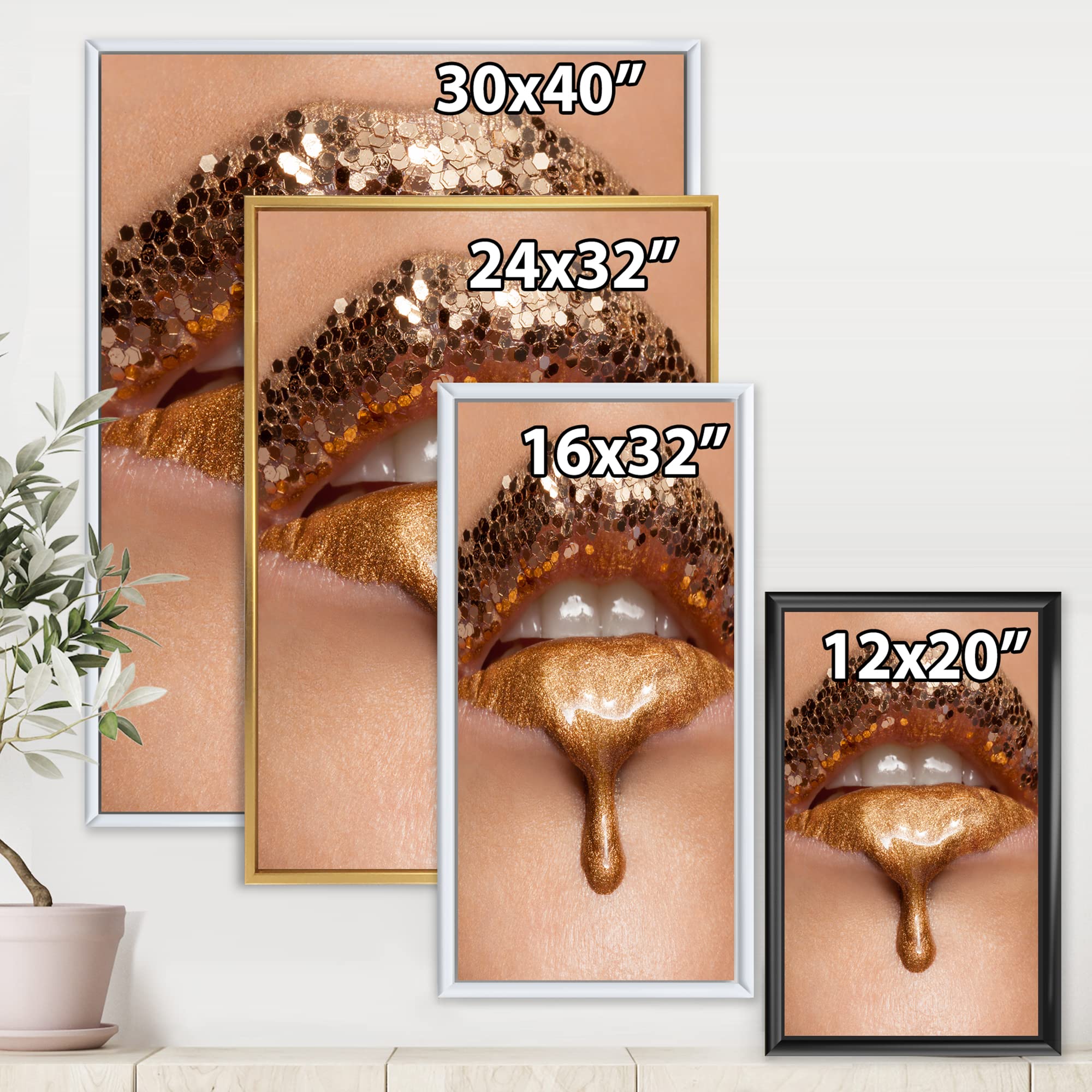 DesignQ Gold Liquid Lips Close-Up Makeup Art - Modern Framed Canvas Wall Print for Home & Office Decor | Perfect for Living Room, Bedroom, Salon Display