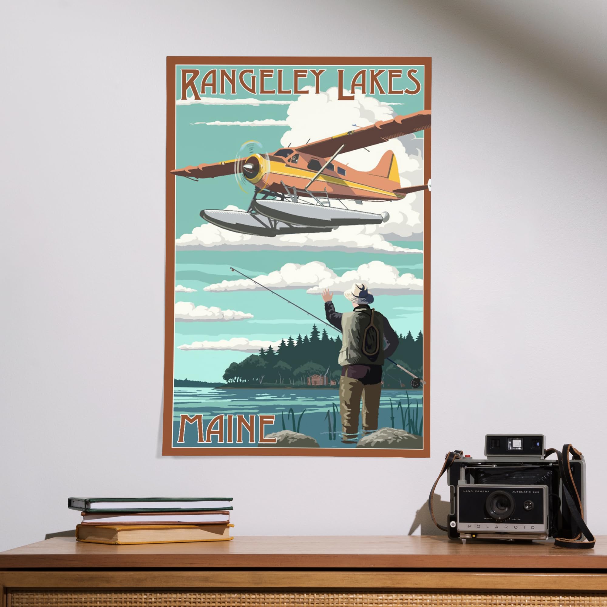 Lantern Press 16x24 Inch Giclee Art Print - Rangeley Lakes Maine Landscape with Float Plane & Fisherman - Wall Decor for Living Room, Office & Cabin