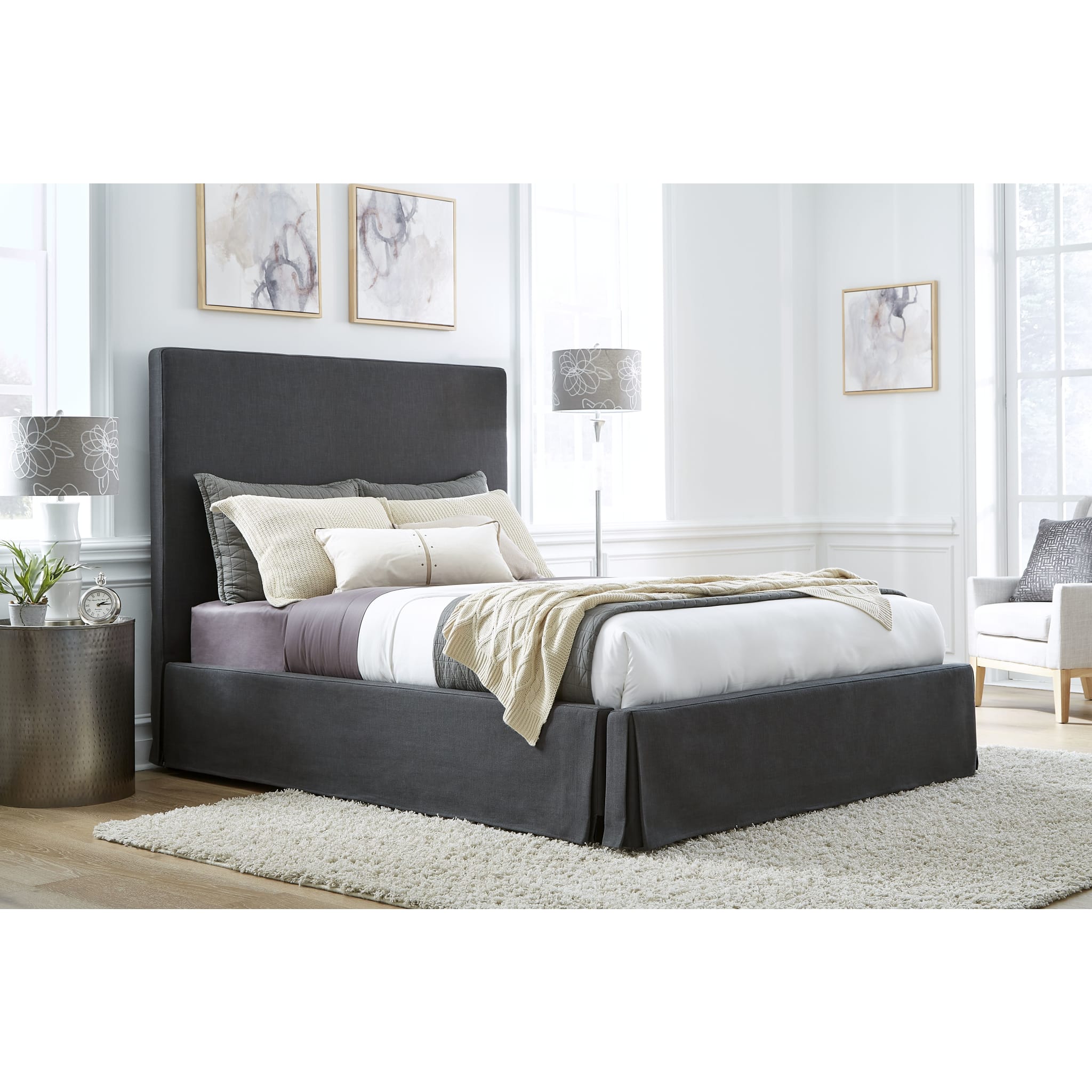 Cheviot Upholstered Skirted Panel Bed Frame - Queen Size Iron Platform Bed with Headboard - Perfect for Modern Bedroom & Guest Room Decor