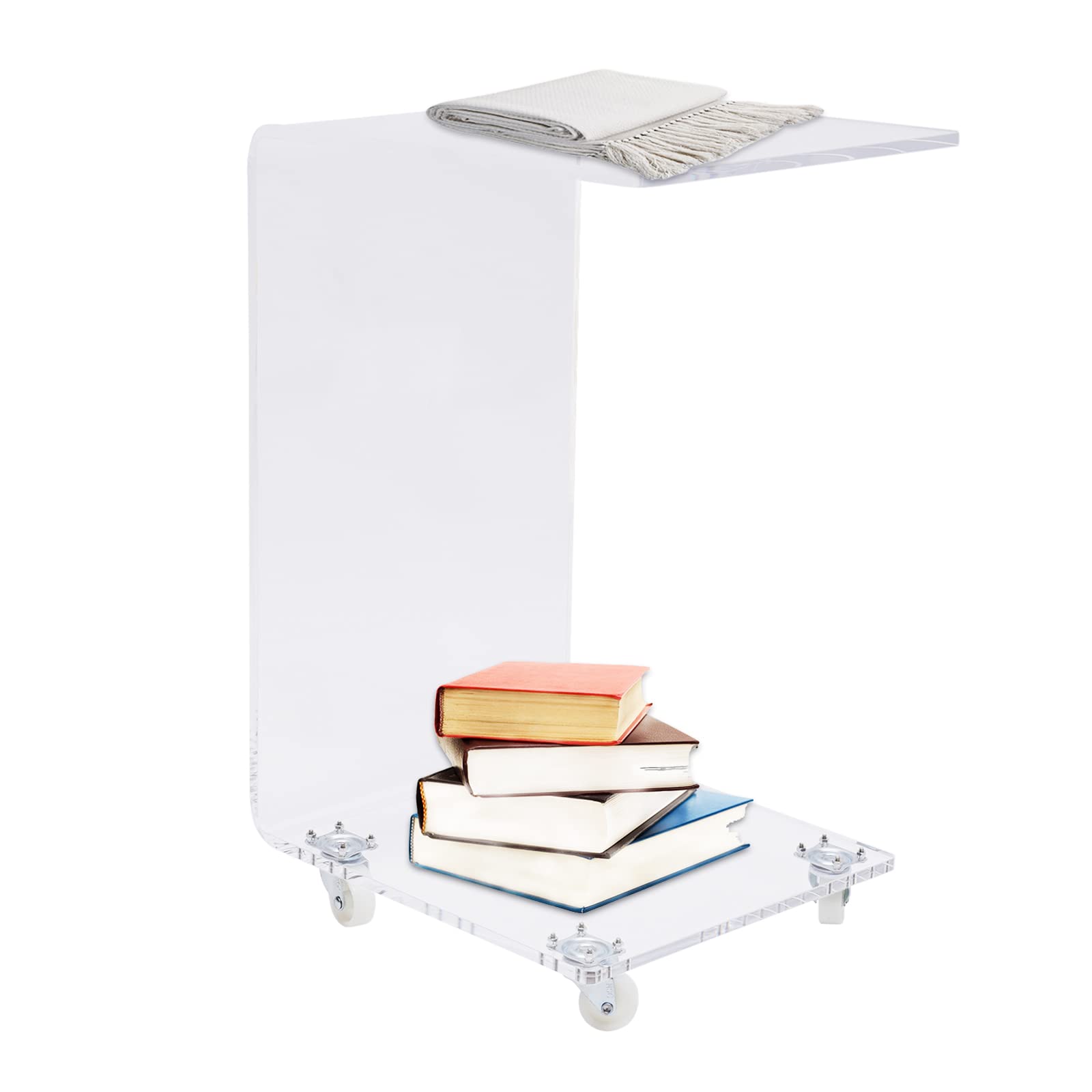Modern Acrylic Transparent C-Shaped End Table with Wheels - Portable Bedside Table, Sofa Side Table, Snack Desk for Living Room & Bedroom - 12.99x14.96x22.83 Inches - Perfect for Small Spaces, Dorm Rooms, Home Office and Apartment Living