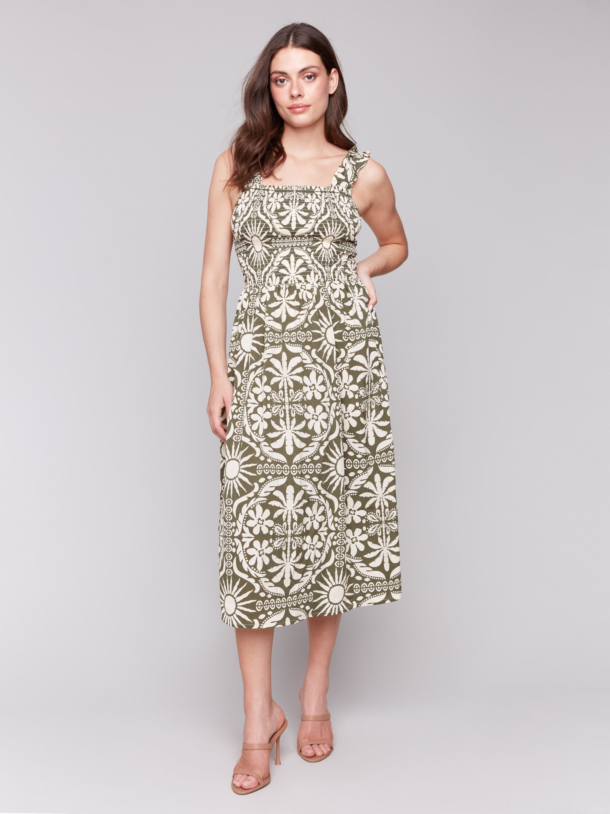 Printed Sleeveless Midi Dress with Shirring Detail in Celadon - Perfect for Summer Outfits, Beach Vacations & Casual Date Nights
