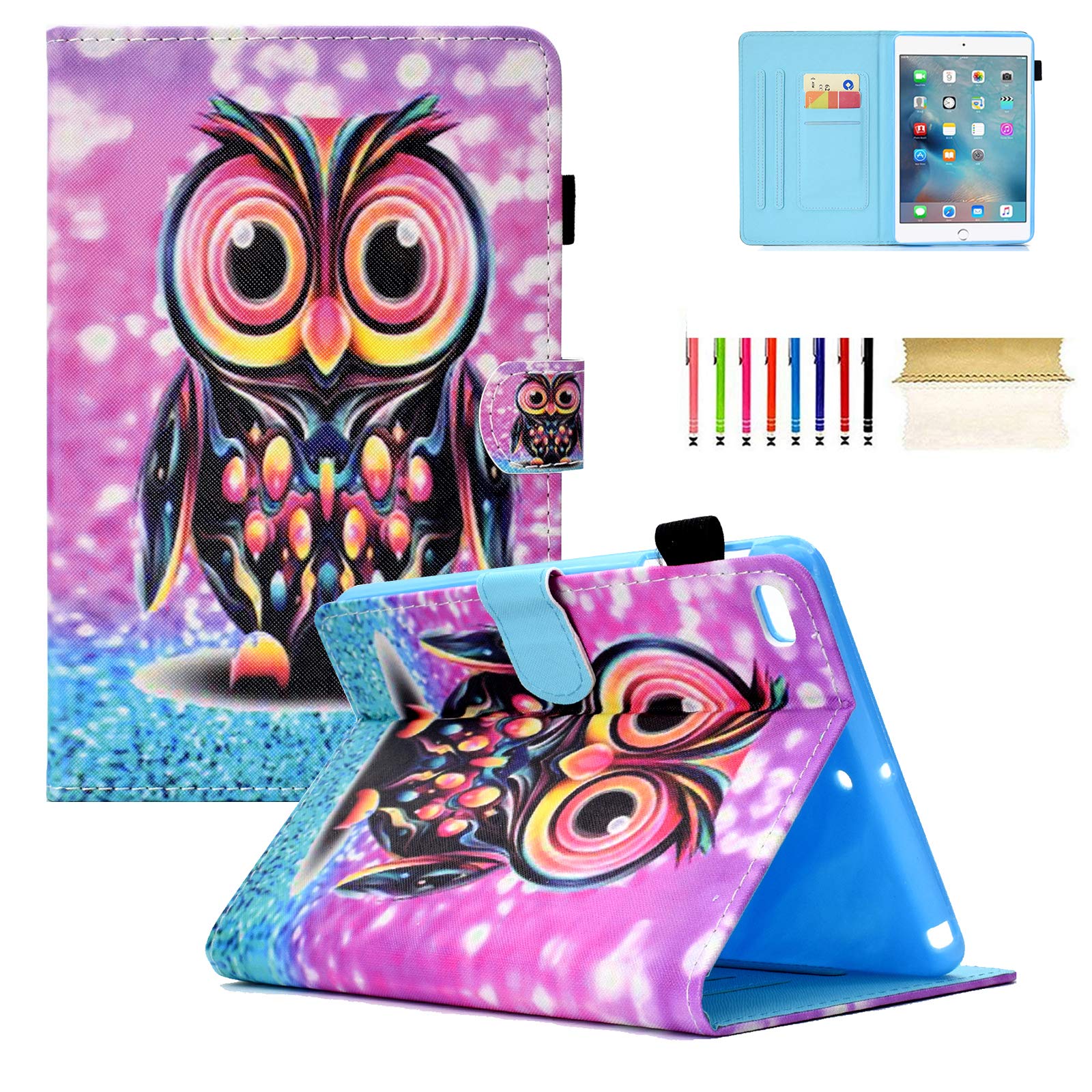 Premium PU Leather Folio Stand Case for Apple iPad Mini 1/2/3/4 (7.9 Inch) with Auto Wake/Sleep & Card Slots - Owl Design - Perfect for Work, Travel, and Home Use