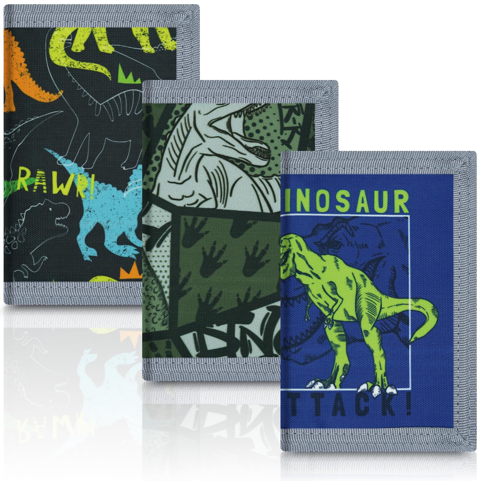 3 Packs Kids RFID Blocking Wallet - Dinosaur Cartoon Trifold Coin Purse with Zipper & Magic Sticker, Front Pocket Wallet for Boys Girls, Canvas Mini Wallets for School, Travel & Outdoor Sports