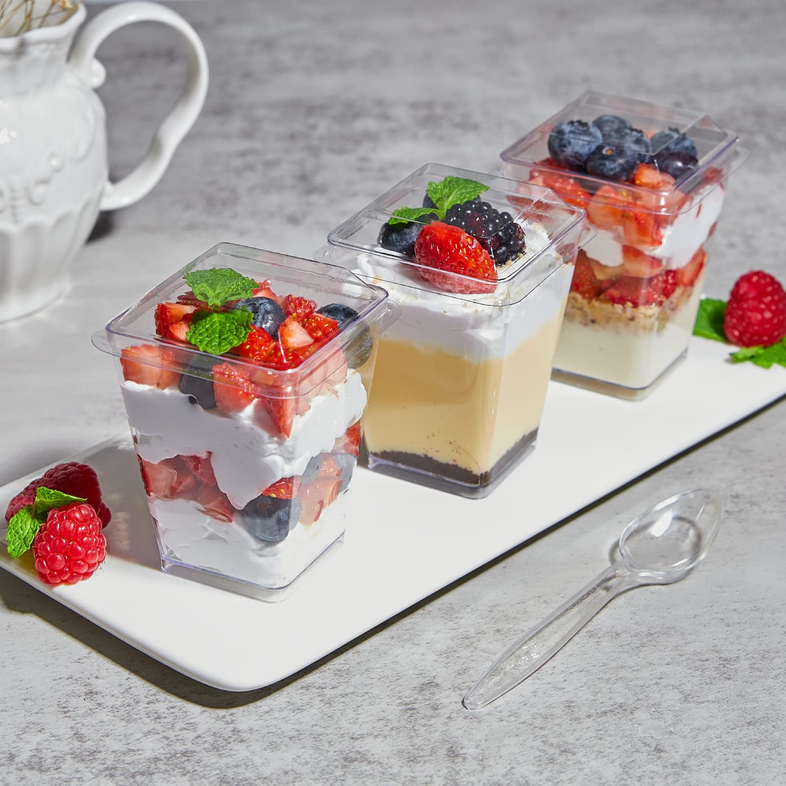50 Pack 5 oz Clear Plastic Dessert Cups with Lids & Spoons - Reusable Mini Parfait Containers for Banana Pudding, Yogurt, Jello, Fruit Trifle - Perfect for Parties, Catering, and Individual Dessert Serving