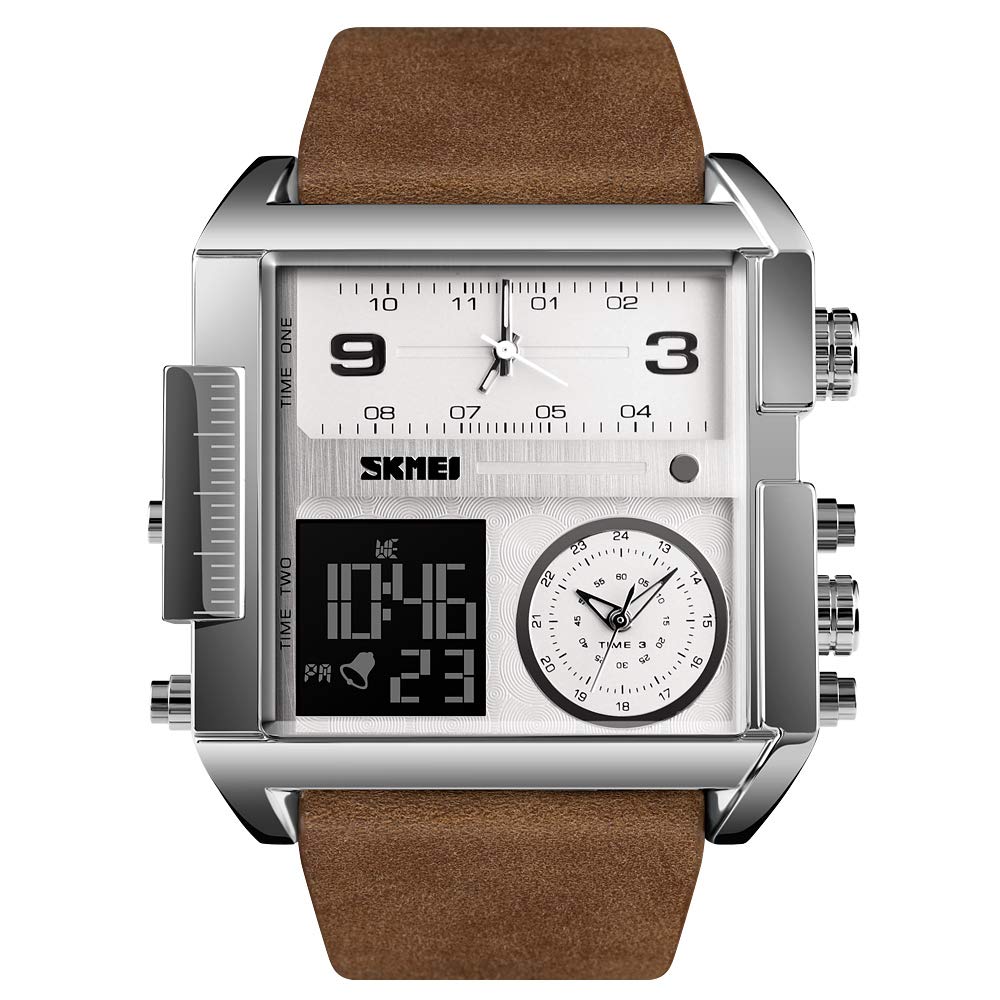 TONSHEN Men's Luxury Digital Stainless Steel Watch with Leather Band - Military Outdoor Sport Watch with LED Display, Analog Quartz Movement, 3 Time Zones - Perfect for Hiking, Running & Business Casual Wear