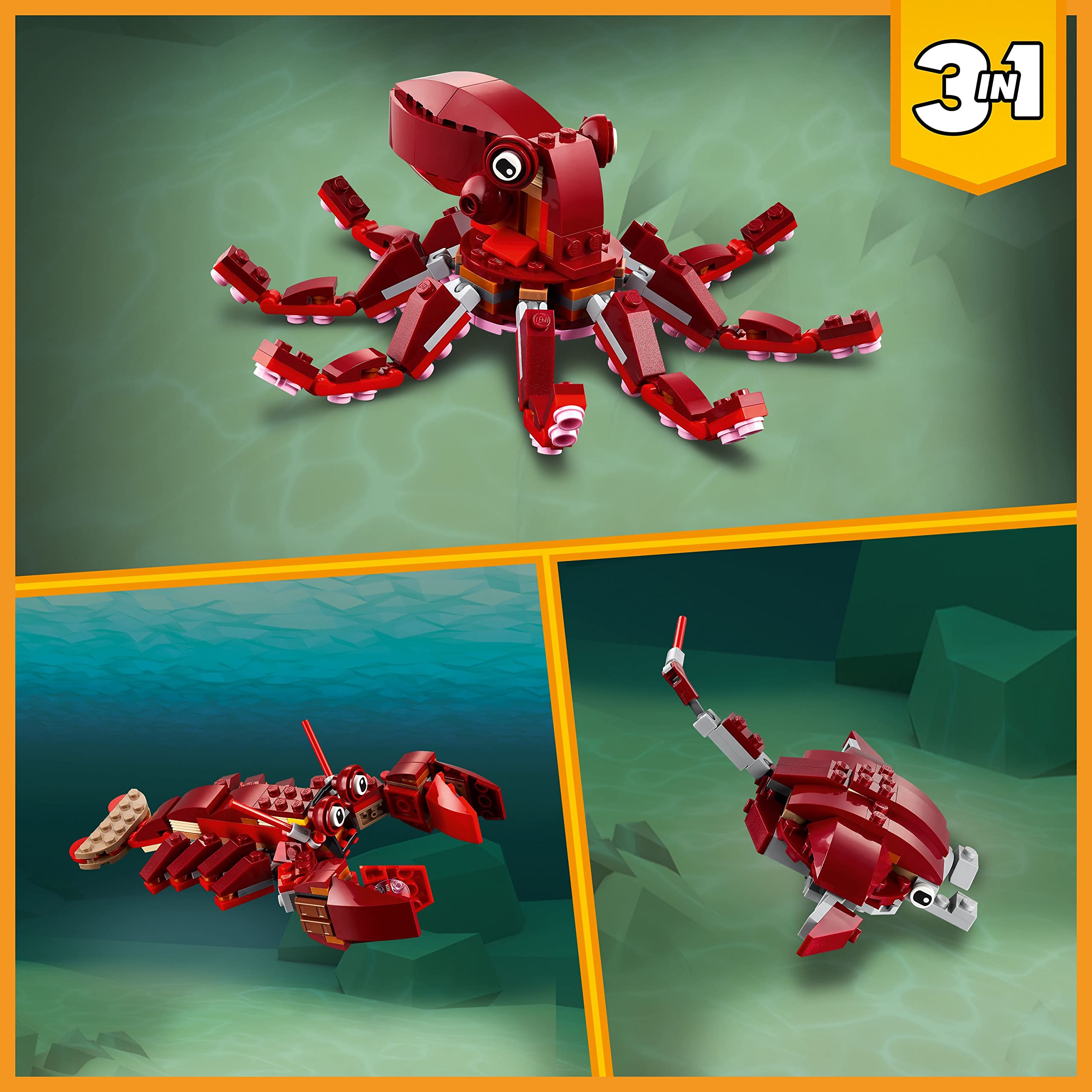 LEGO Creator 31130 3-in-1 Underwater Toy Set - Build a Submarine, Lobster, Octopus or Manta Ray - Fun Marine Animal Figures for Kids | Perfect for Creative Play, STEM Learning & Ocean-Themed Decor