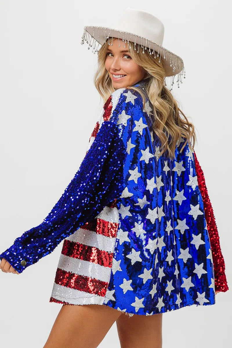 BiBi Velvet Sequin American Flag Shirt - Patriotic Women's Fashion Top for 4th of July, Parties & Festive Events