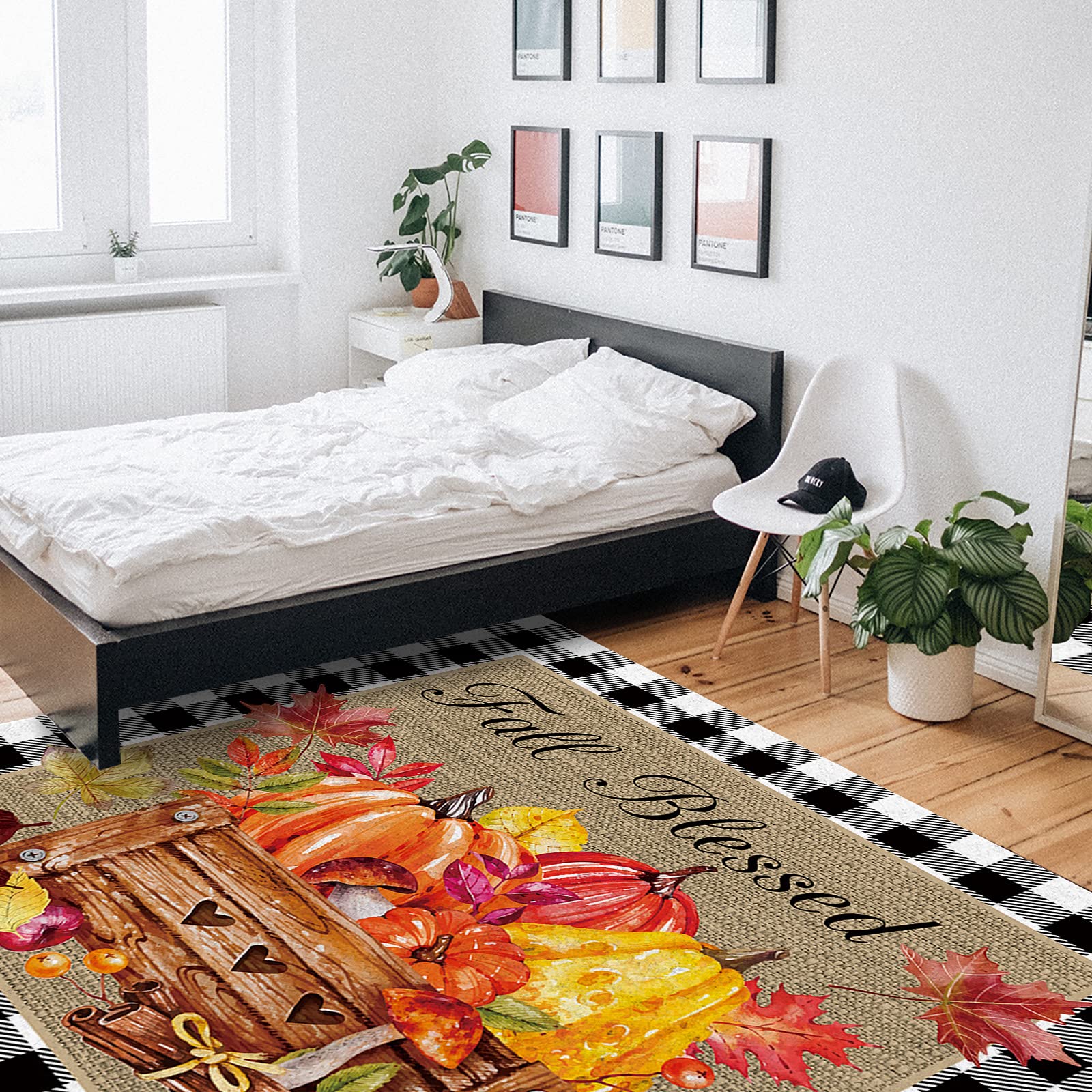 5' x 7' Non-Slip Indoor Area Rug - Fall Pumpkins & Sunflowers Design - Modern Throw Carpet for Living Room, Bedroom, Nursery - Thanksgiving Home Decor - Perfect for Cozy Autumn Vibes & Holiday Gatherings
