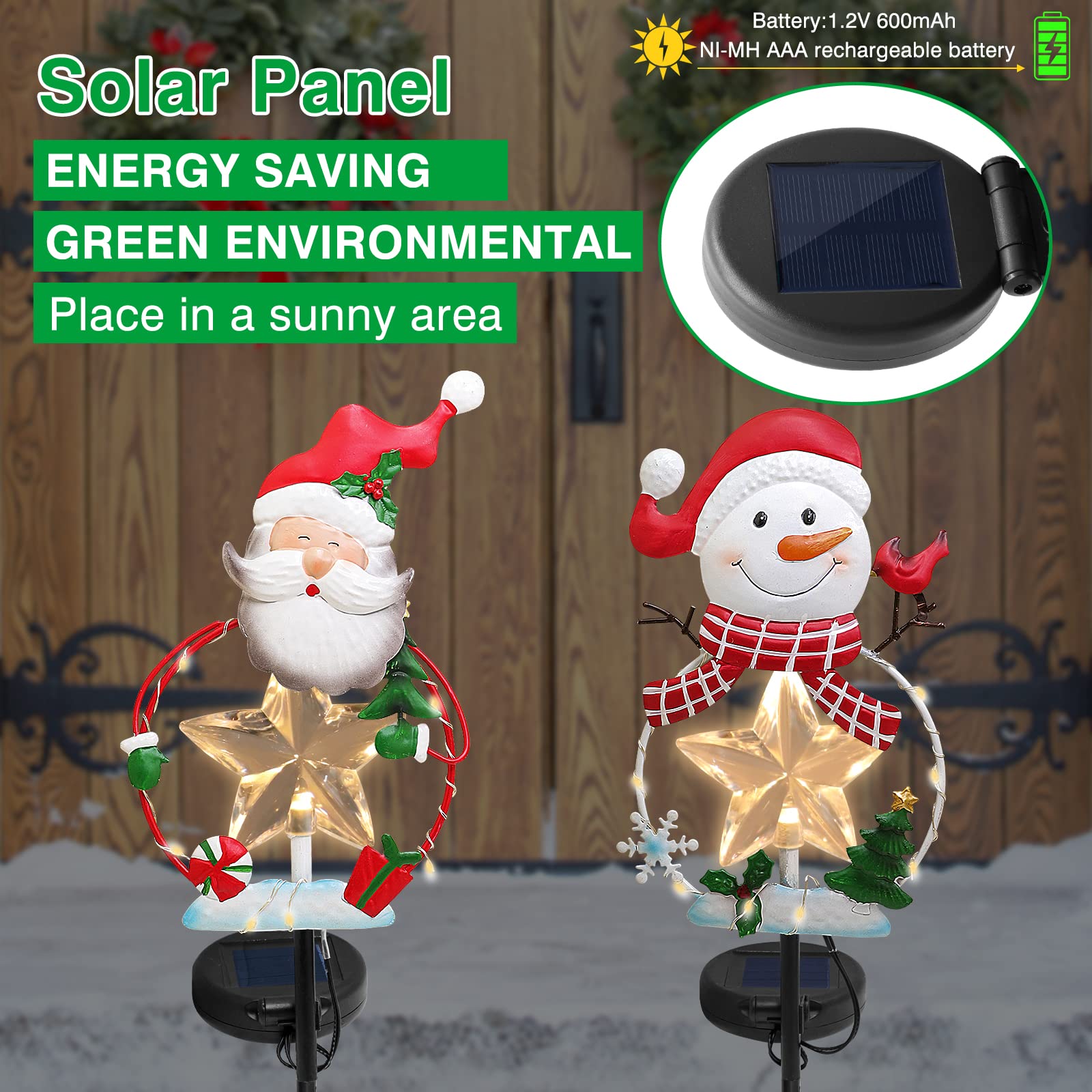 2 Pack Solar Powered LED Christmas Pathway Lights with Snowman & Santa - Outdoor Yard, Garden, Patio, Lawn Decor for Holiday Season | Weatherproof & Energy Efficient