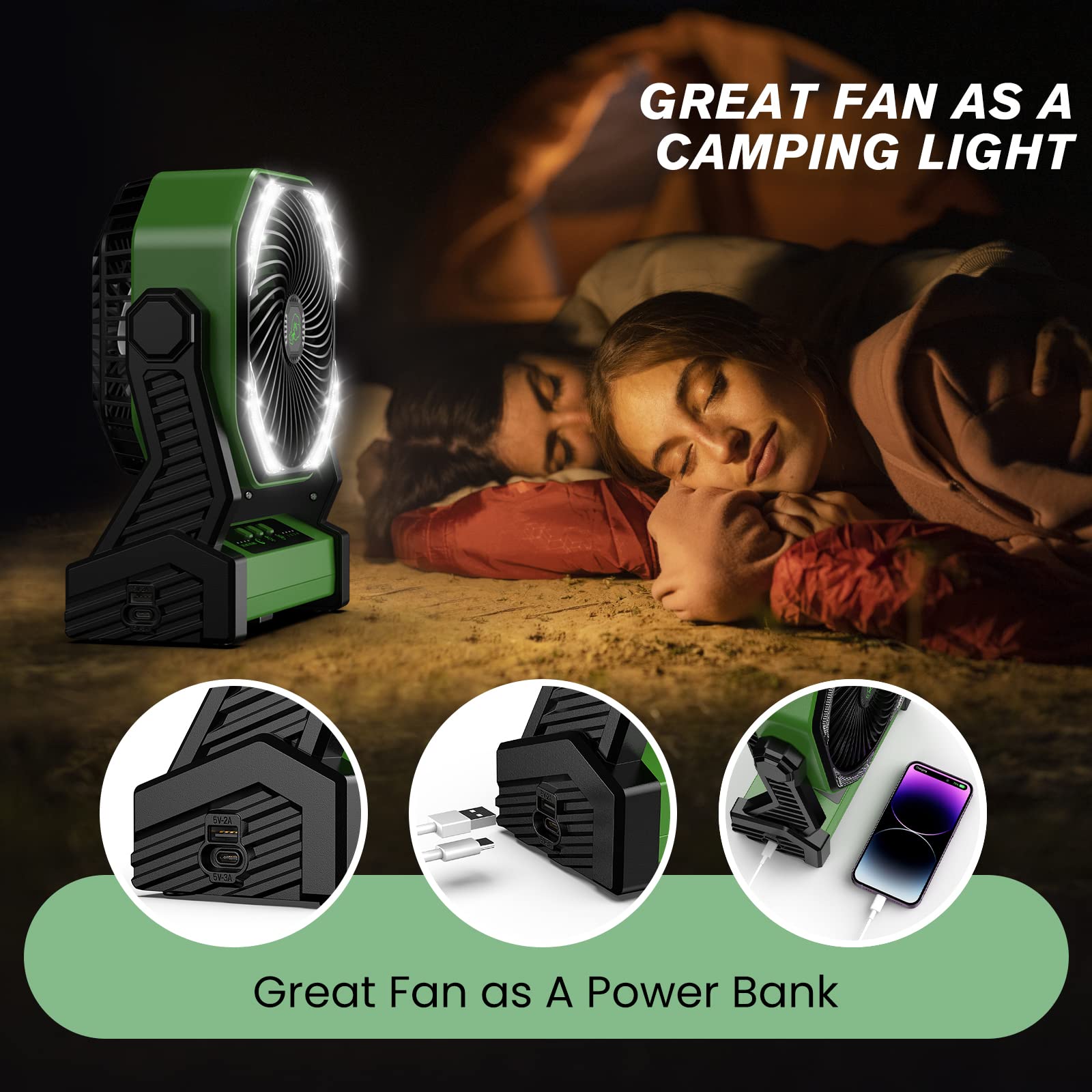 20000mAh Portable Fan with 16 LED Lights - Rechargeable Battery Operated Fan Lasts 58 Hours - Camping Fan & Lantern for Outdoor Adventures, Hiking, Backpacking, and Emergency Use - Green