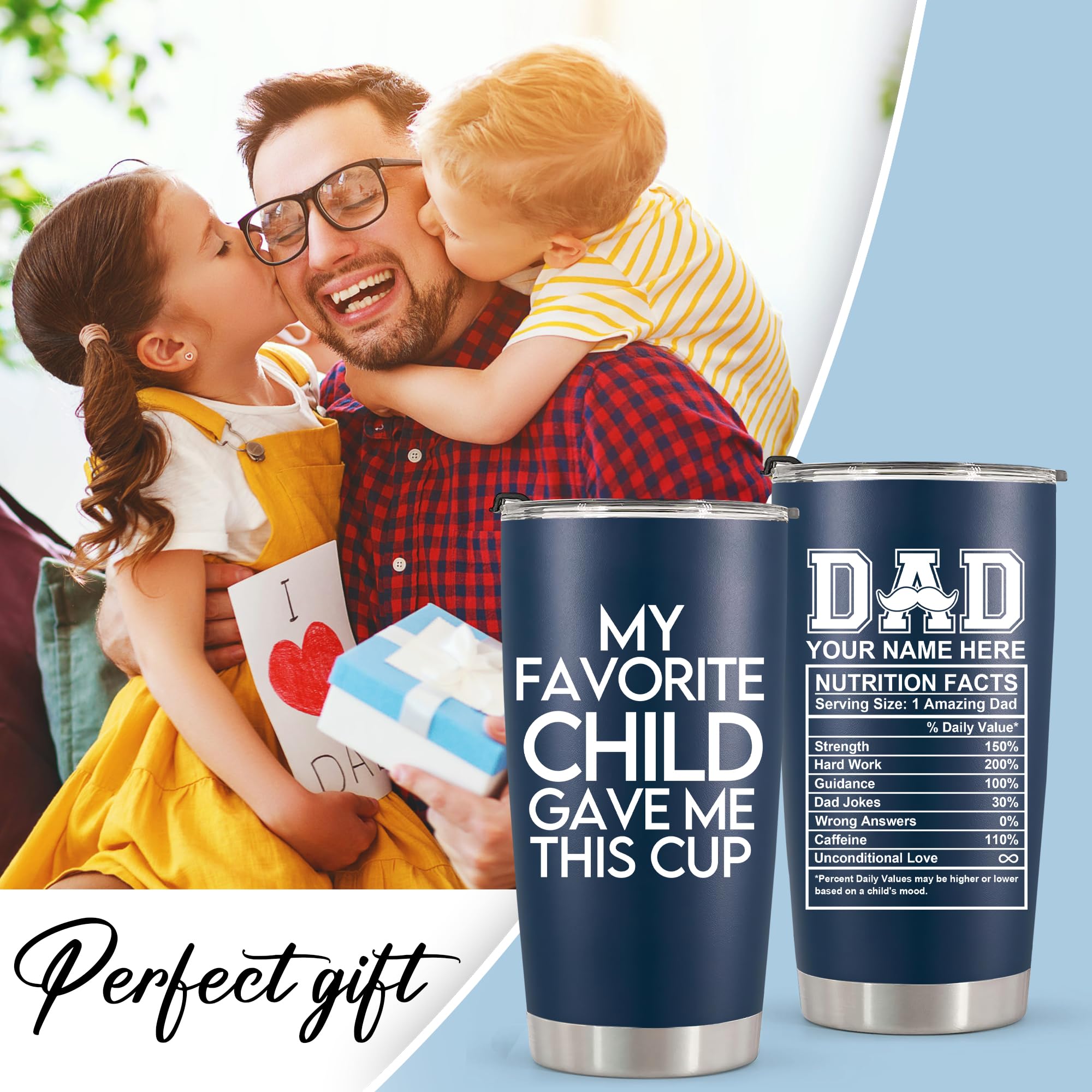 Custom Stainless Steel Tumbler 20oz - Personalized Father's Day & Birthday Gift for Dad from Daughter or Son - Engraved Nutrition Facts - Ideal for Office, Travel & Outdoor Activities