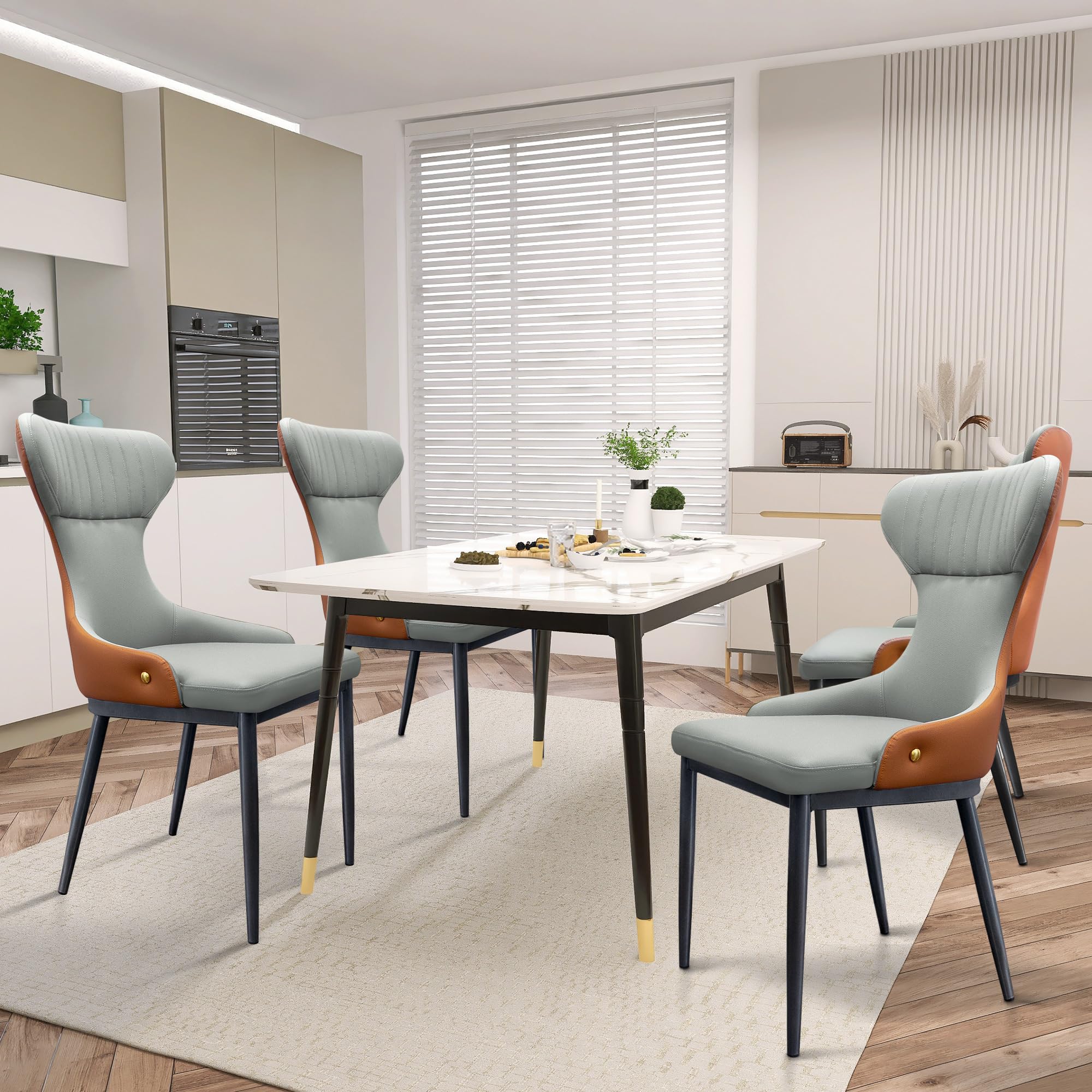 Premium Leather Dining Chairs Set of 2 - Modern Color-Block Design with Metal Legs & Soft Cushions - Fishtail Back Armless Chairs for Kitchen, Dining Room & Living Room - Perfect for Modern Homes, Restaurants & Cozy Gatherings