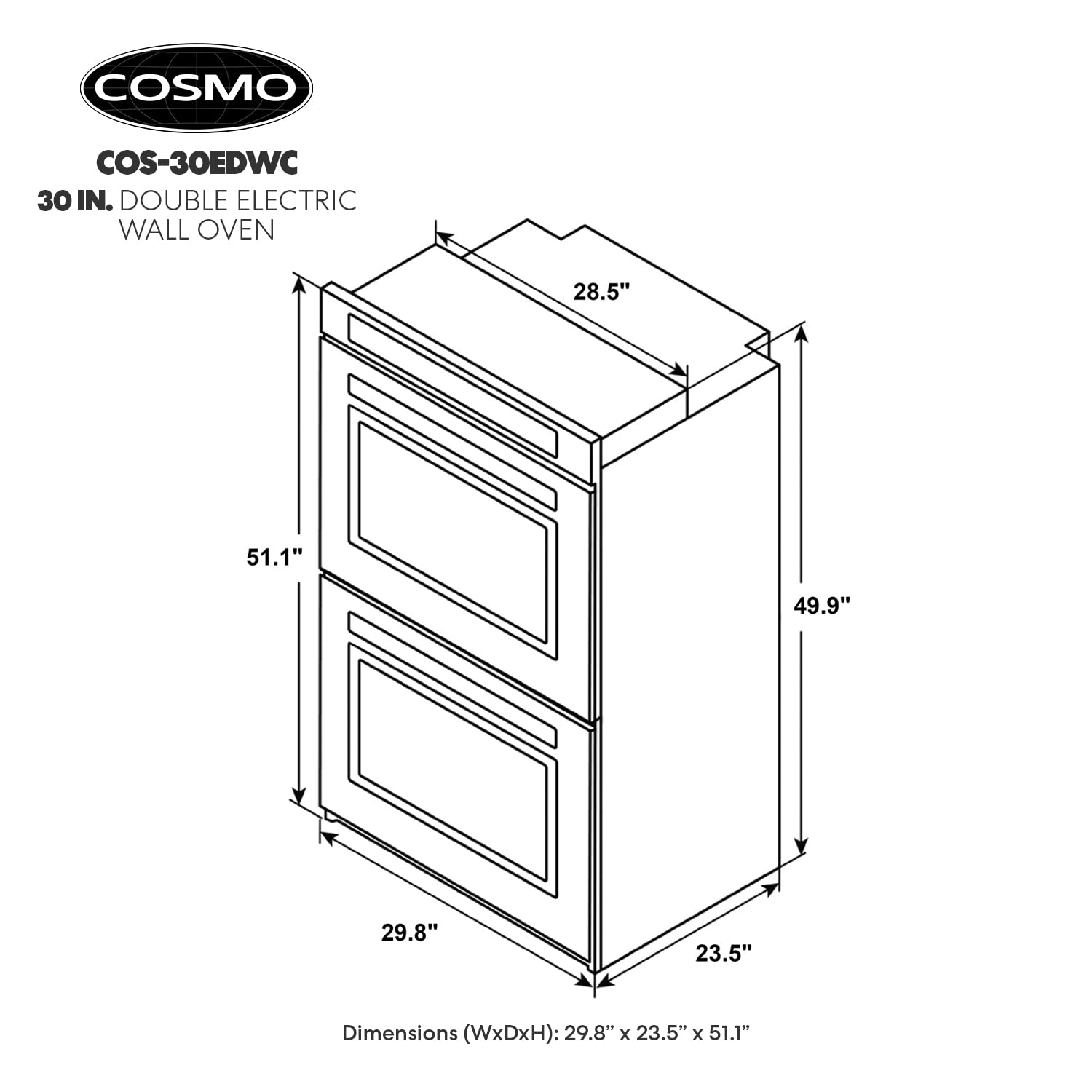 COSMO COS-30EDWC 30 Inch Stainless Steel Double Electric Wall Oven with True Convection & Self-Cleaning - Blue Porcelain Finish | Perfect for Modern Kitchens, Baking & Large Family Cooking