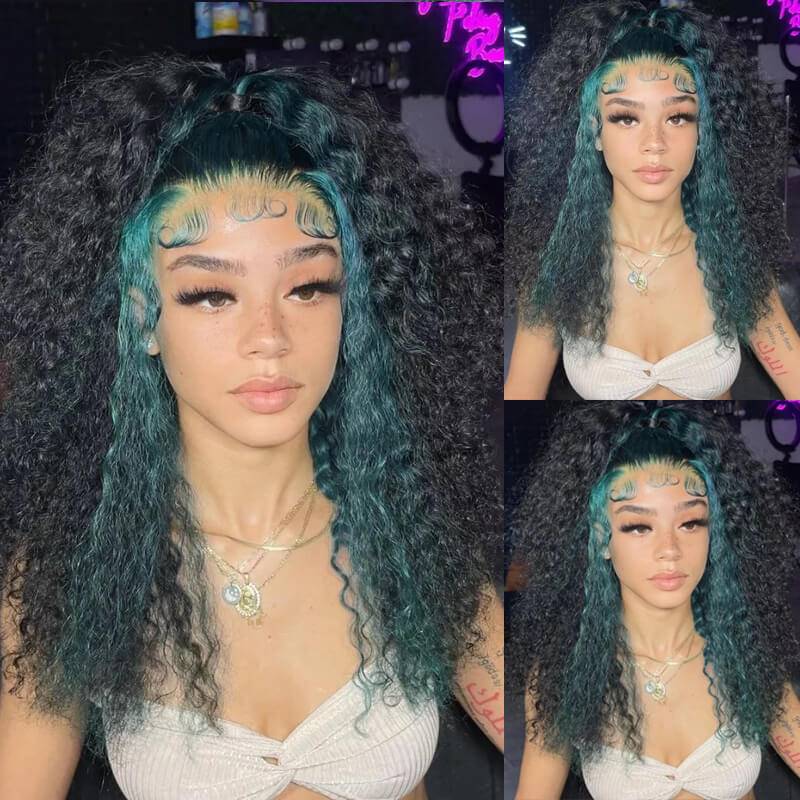 Eullair Curly Human Hair Wig with Green Highlights - Transparent Lace Frontal Wig for Black Women | Natural Look for Parties, Cosplay & Daily Wear