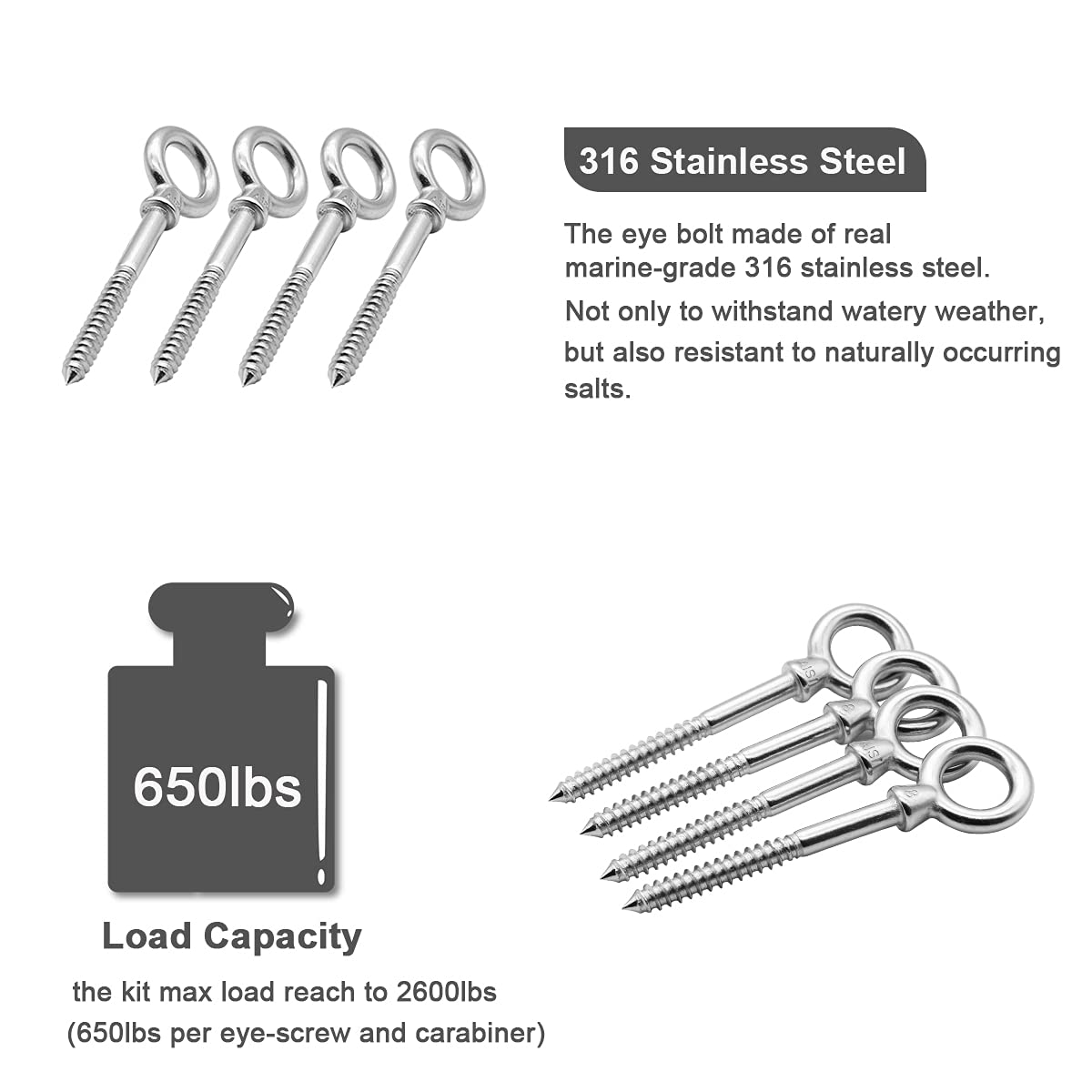 Abimars 4PCS M8 316 Stainless Steel Eye Bolts - 650lbs Load Capacity Heavy Duty Screw-in Eye Hooks for Hanging Hammocks, Swing Chairs, Heavy-Duty Suspension - Perfect for Outdoor, Marine & Industrial Use