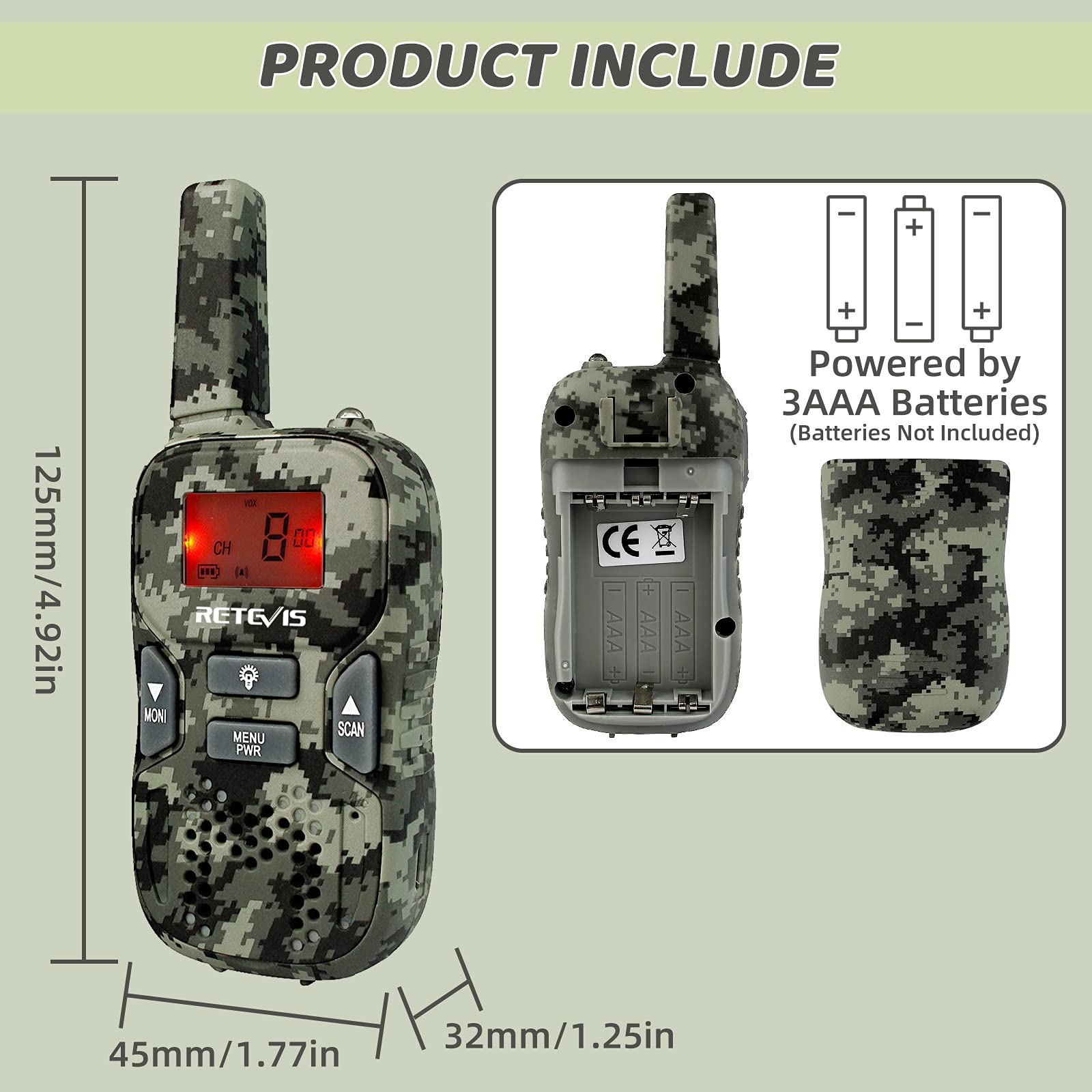Retevis RT33 Kids Walkie Talkies - Long Range 2 Way Radios with 22 Channels, Backlit LCD & Flashlight - Perfect for Boys & Girls Ages 6-12 | Great for Outdoor Adventures, Camping, Hiking & Backyard Play (Camouflage, 1 Pair)