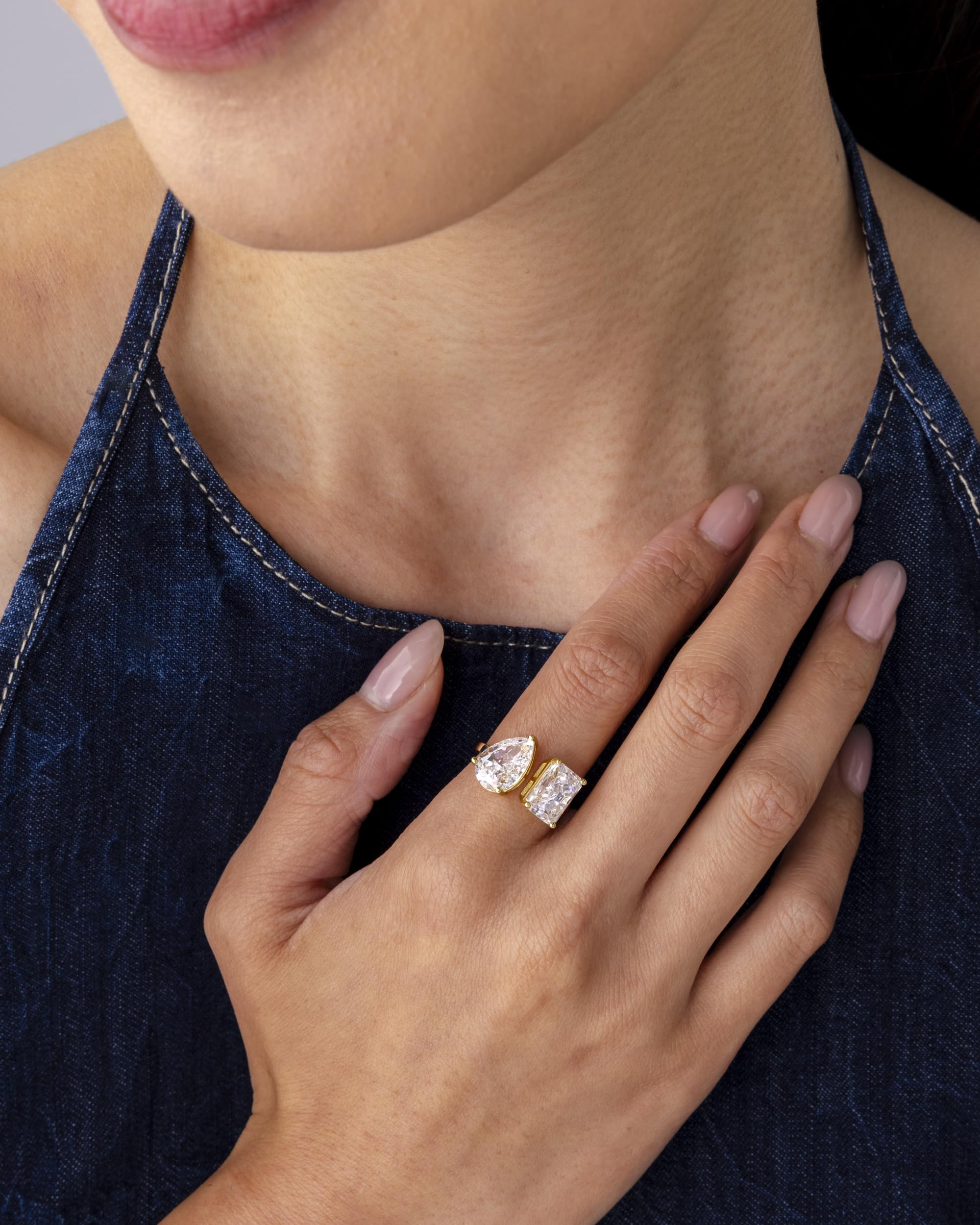 14K Gold Plated Toi Et Moi Radiant-Cut Pear-Shaped Cubic Zirconia Engagement Ring for Women - Elegant Promise & Wedding Jewelry Gift for Anniversary, Valentine's Day & Special Occasions