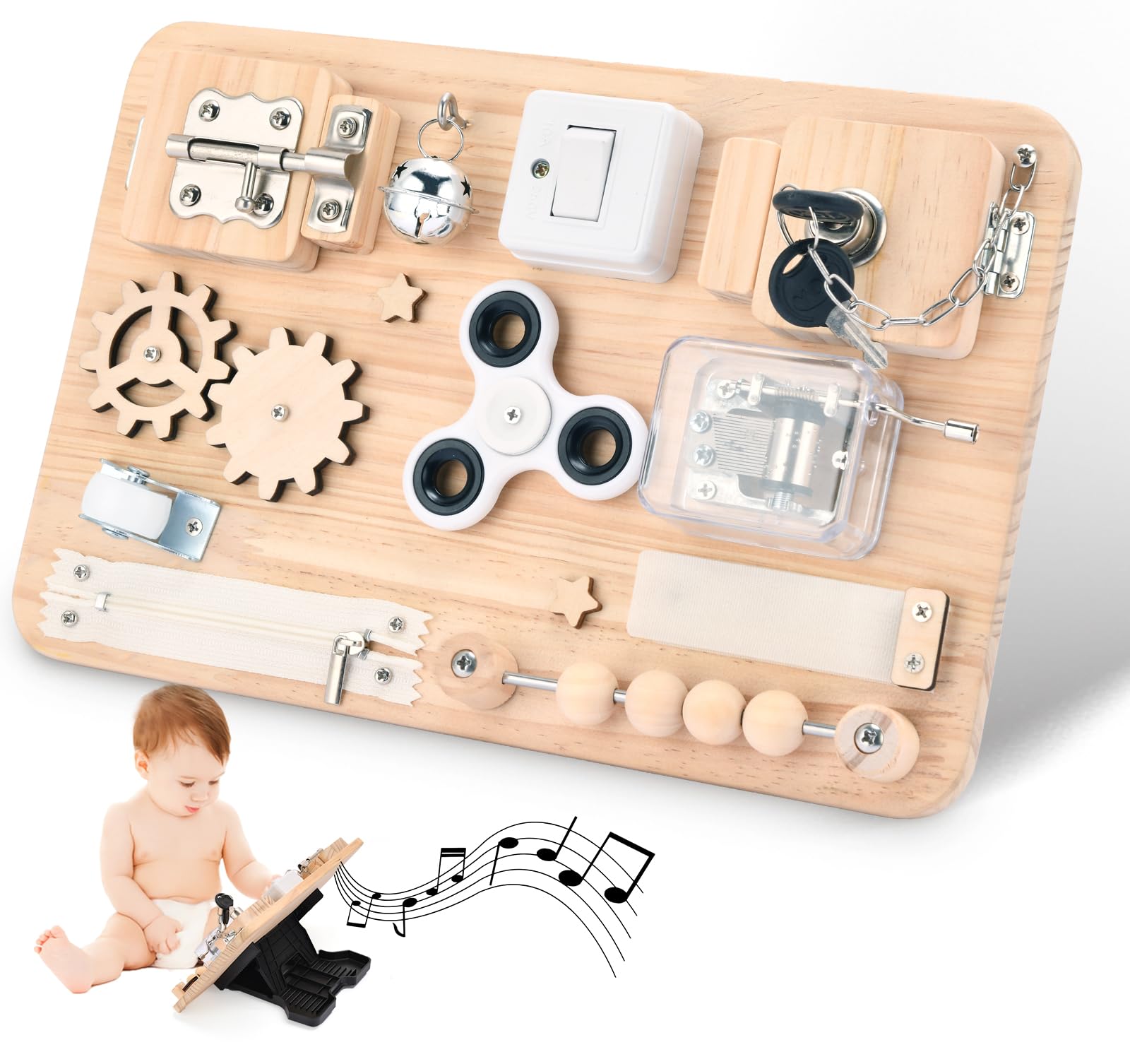 Montessori Wooden Busy Board for Toddlers - Sensory Learning Toys for Fine Motor Skills Development - Educational Activity Board for Kids 1-4 Years - Travel Fidget Toy for Boys & Girls - Perfect Birthday Gift for Toddlers - Ideal for Home, Preschool & Travel Use