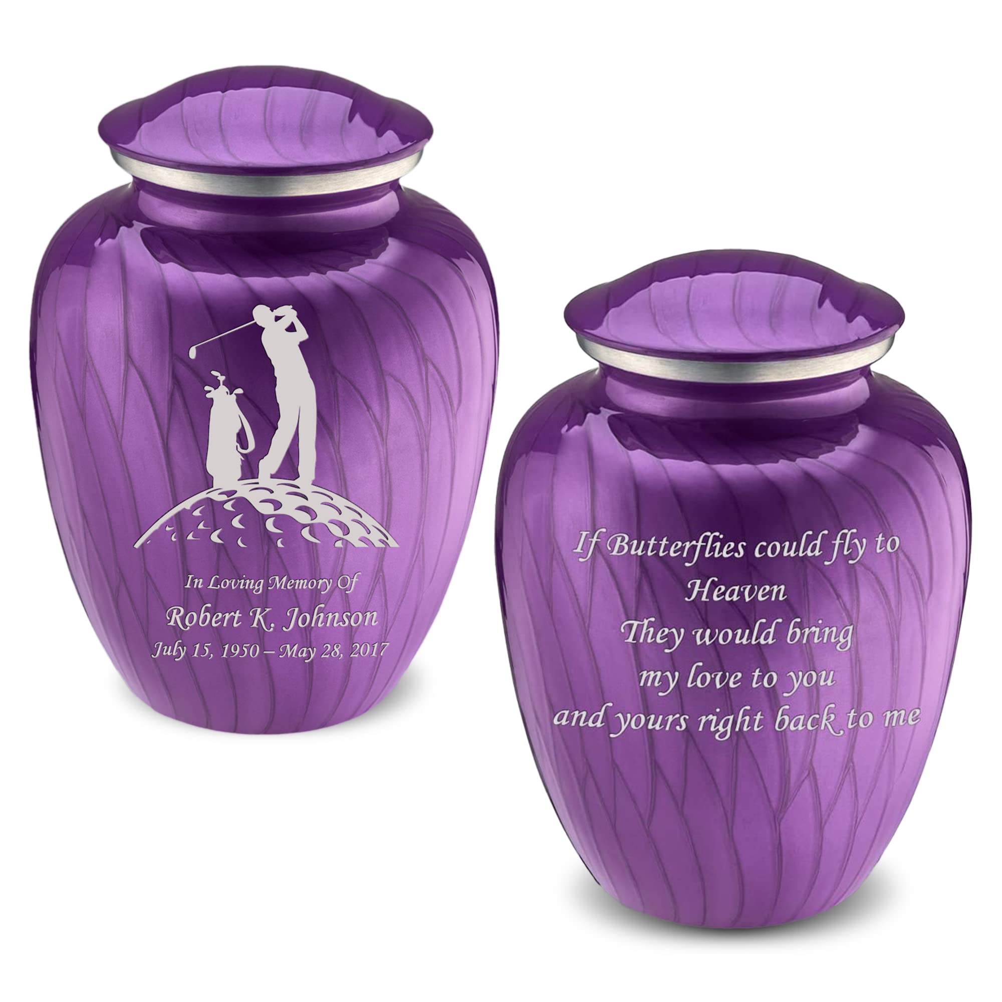 Personalized Golf Cremation Urns for Adults - Large Pearl Purple Funeral Urn for Men & Women with Double-Side Engraving (Holds 200 lbs) | Memorial Keepsake for Golf Lovers, Perfect for Home Display or Cemetery Placement