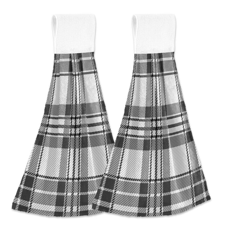 Modern Plaid Checkered Kitchen Towels Set of 2 - Absorbent Dish Cloths with Hanging Loops for Oven, Stove & Bathroom - Christmas Holiday Home Decor Hand Towels & Washcloths for Kitchen, Dining & Gifting