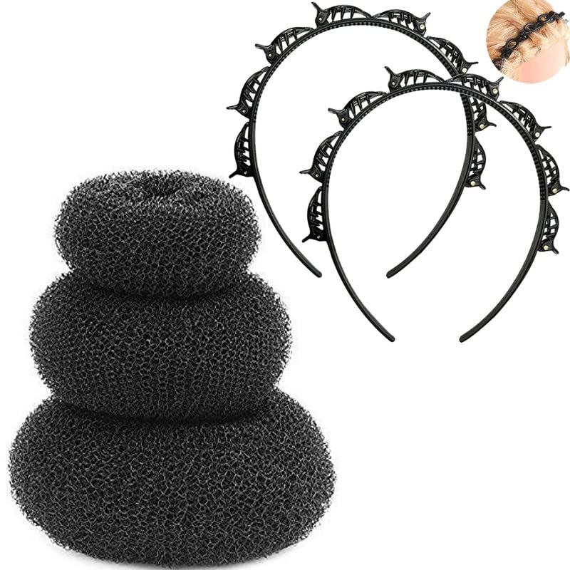 CHANDERKASH 2-Pack Double Layer Twist Braid Plastic Hair Bands with 3-Size Donut Bun Maker Set - Puff Juda Bun Shaper & Messy Bun Scrunchie for Women's Hairstyling, Party, Wedding, and Everyday Use